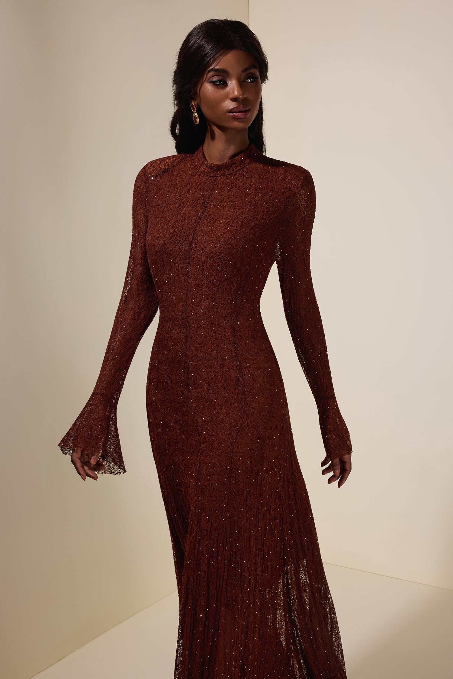 Lace Rhinestone Long Sleeve Maxi Dress