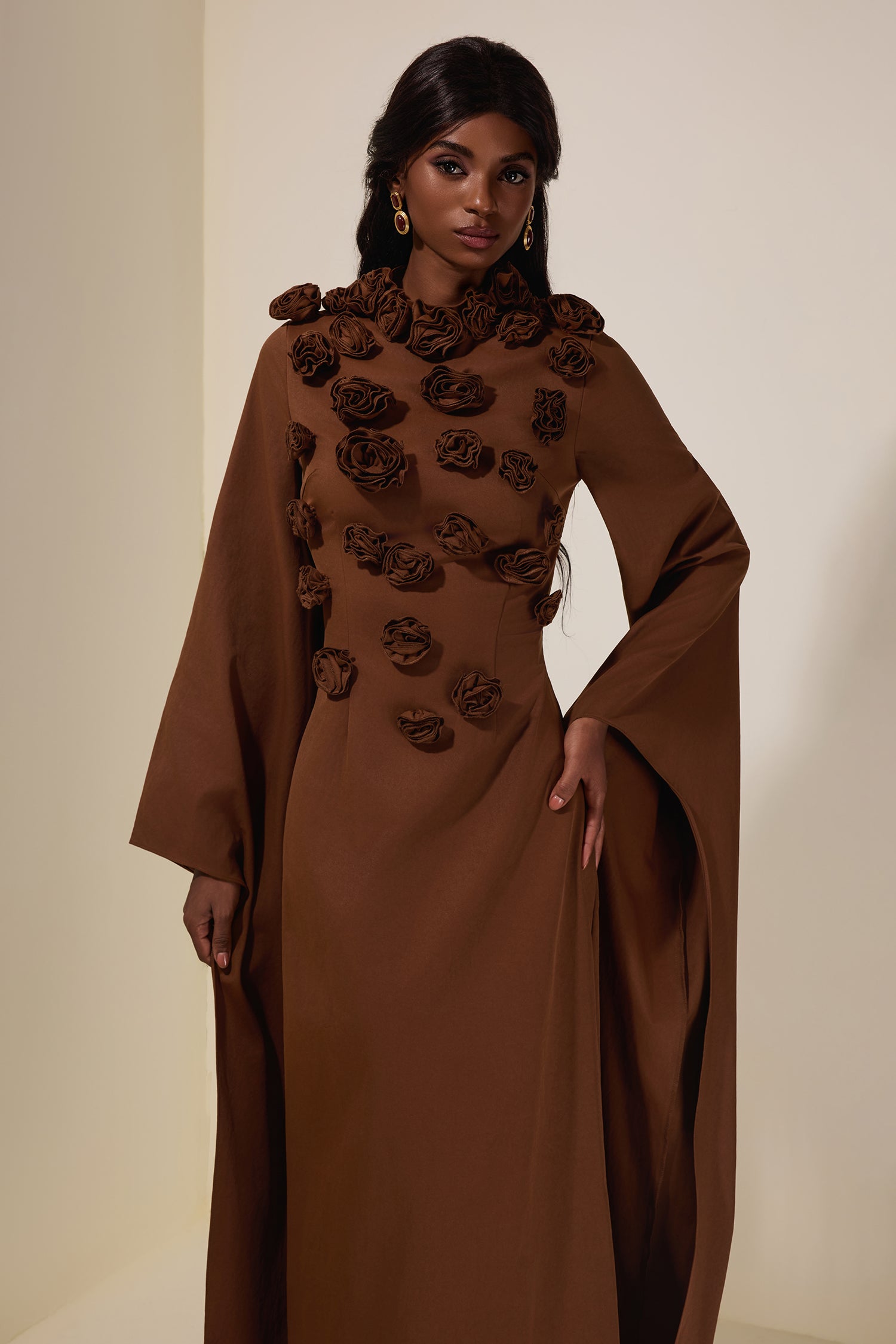 Solid 3D Flower Cape Sleeve Maxi Dress