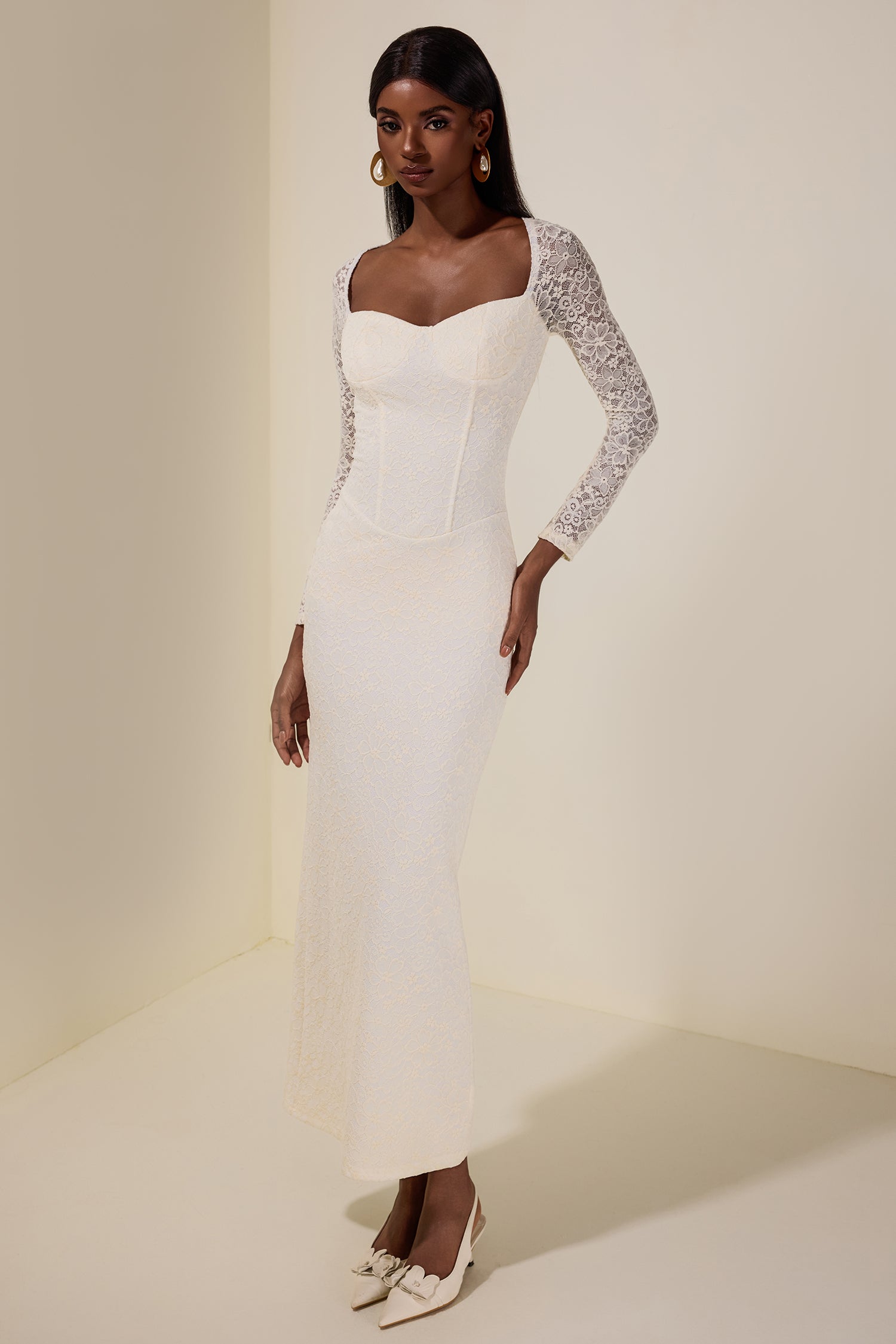 Lace Long Sleeve Slit Maxi Dress