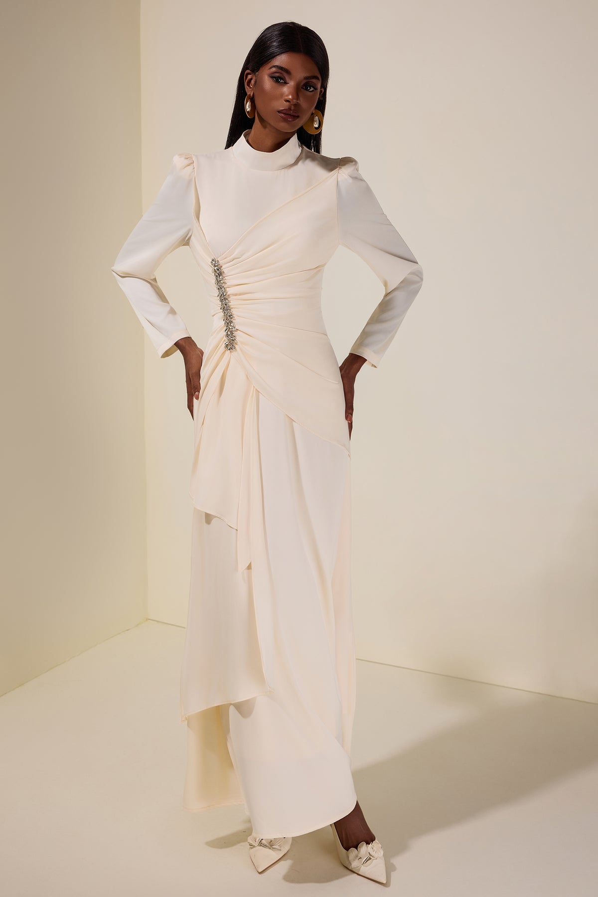 Satin Rhinestone Stand Collar Maxi Dress