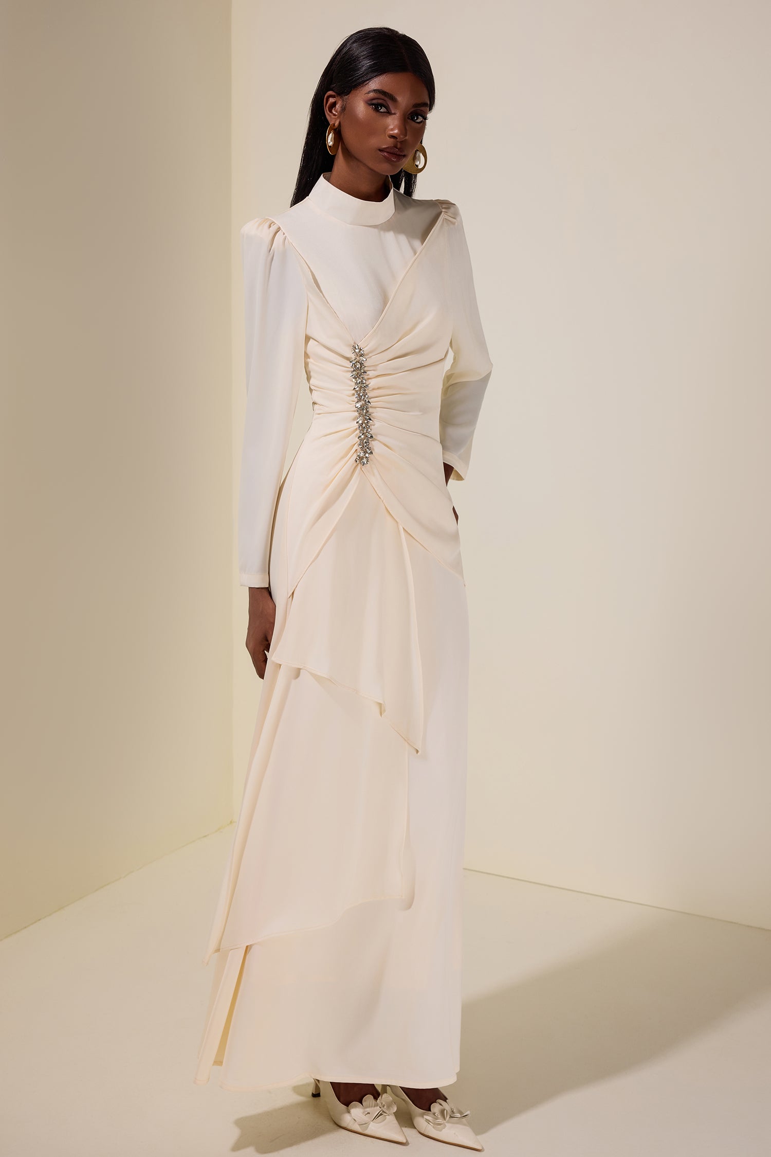 Satin Rhinestone Stand Collar Maxi Dress