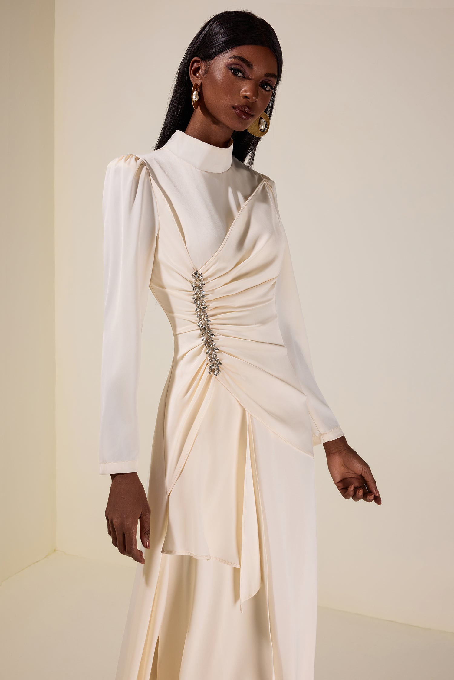 Satin Rhinestone Stand Collar Maxi Dress