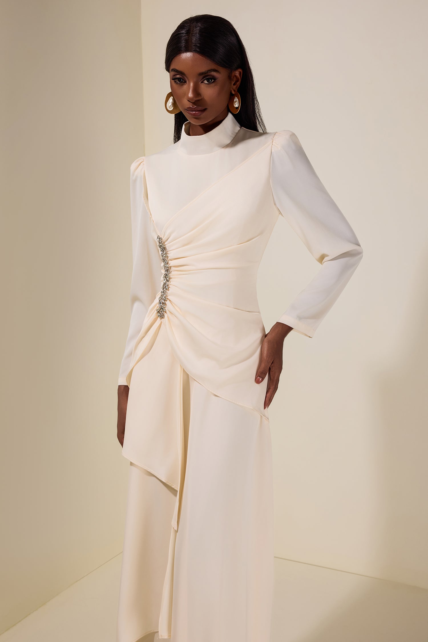 Satin Rhinestone Stand Collar Maxi Dress