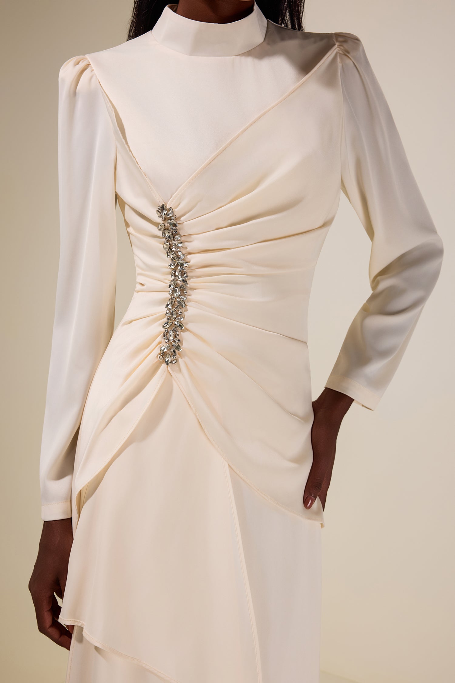 Satin Rhinestone Stand Collar Maxi Dress