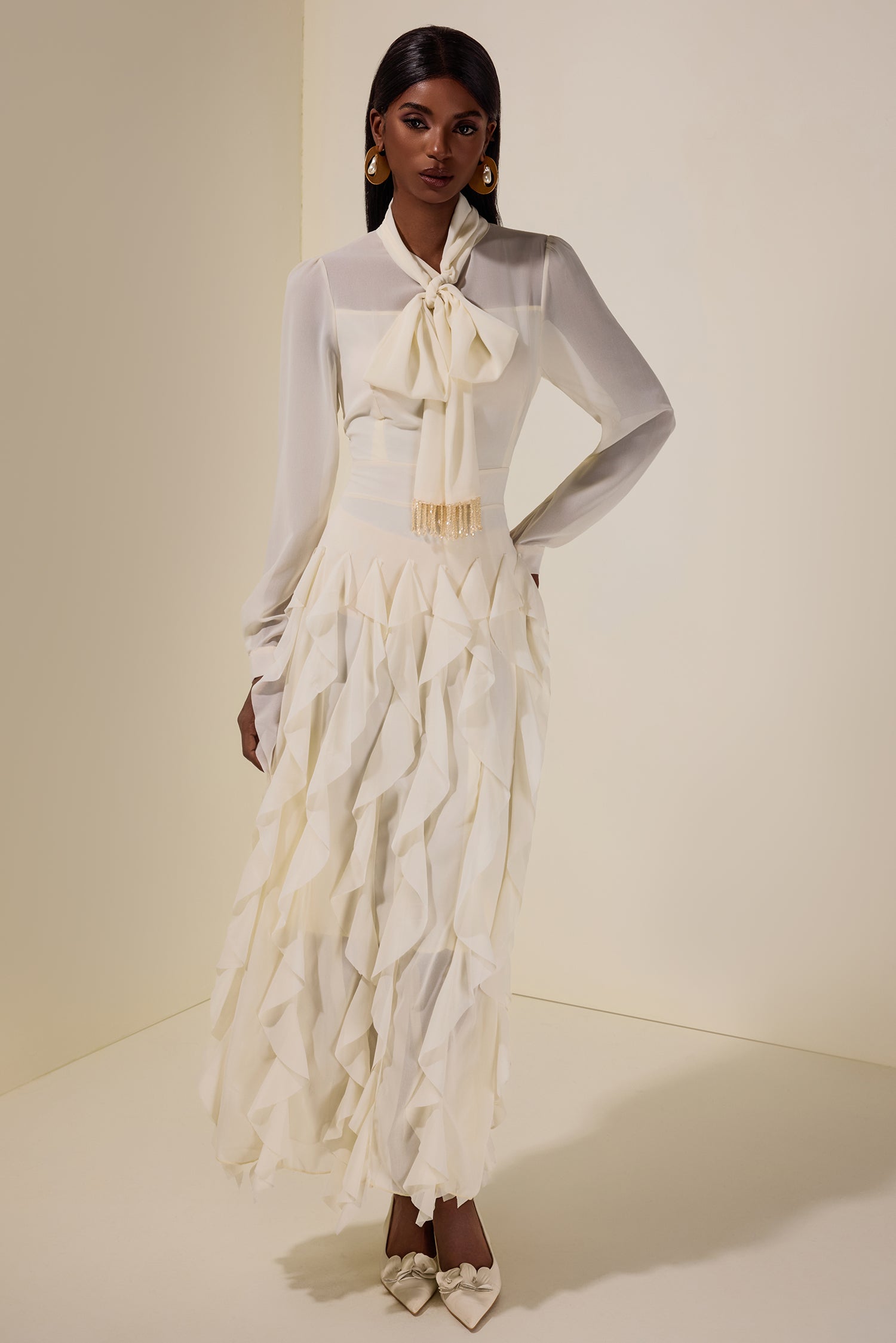 Chiffon Frill Beads Maxi Dress