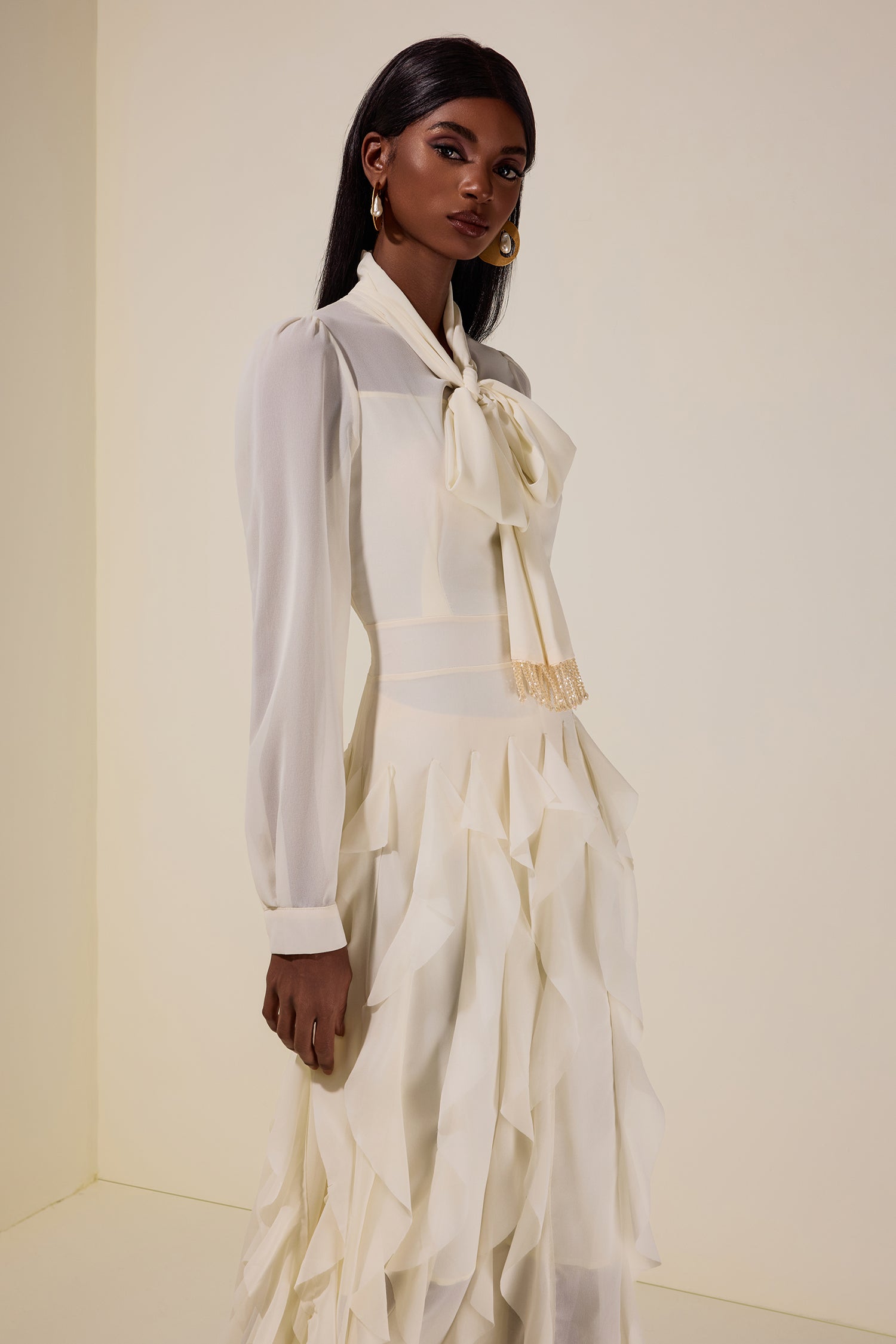 Chiffon Frill Beads Maxi Dress