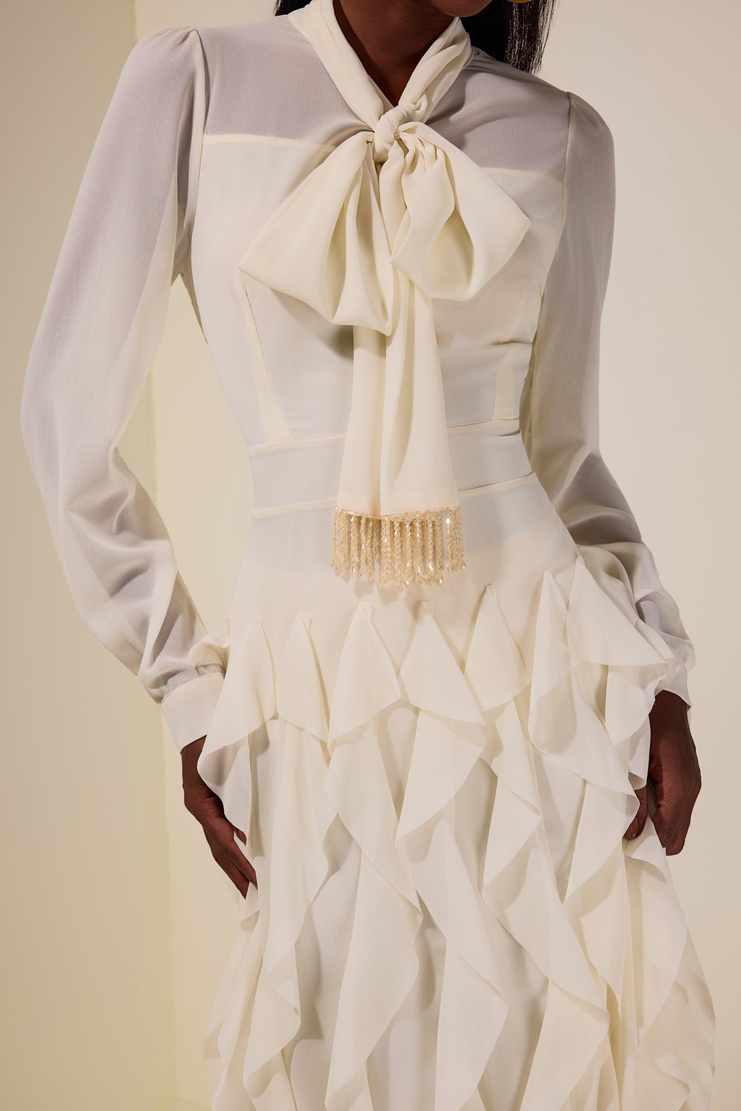 Chiffon Frill Beads Maxi Dress