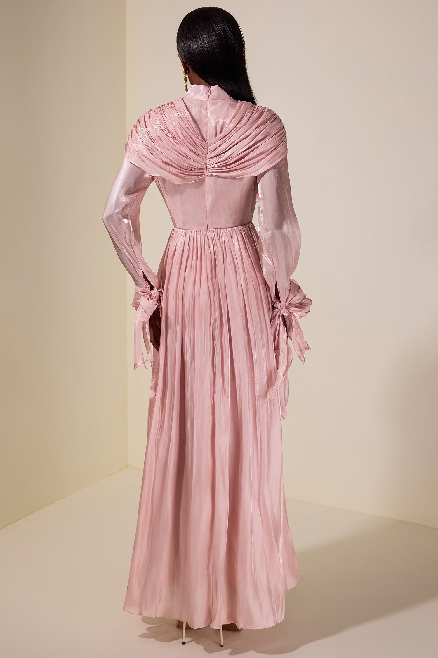 Satin Ruched Ruffle Maxi Dress