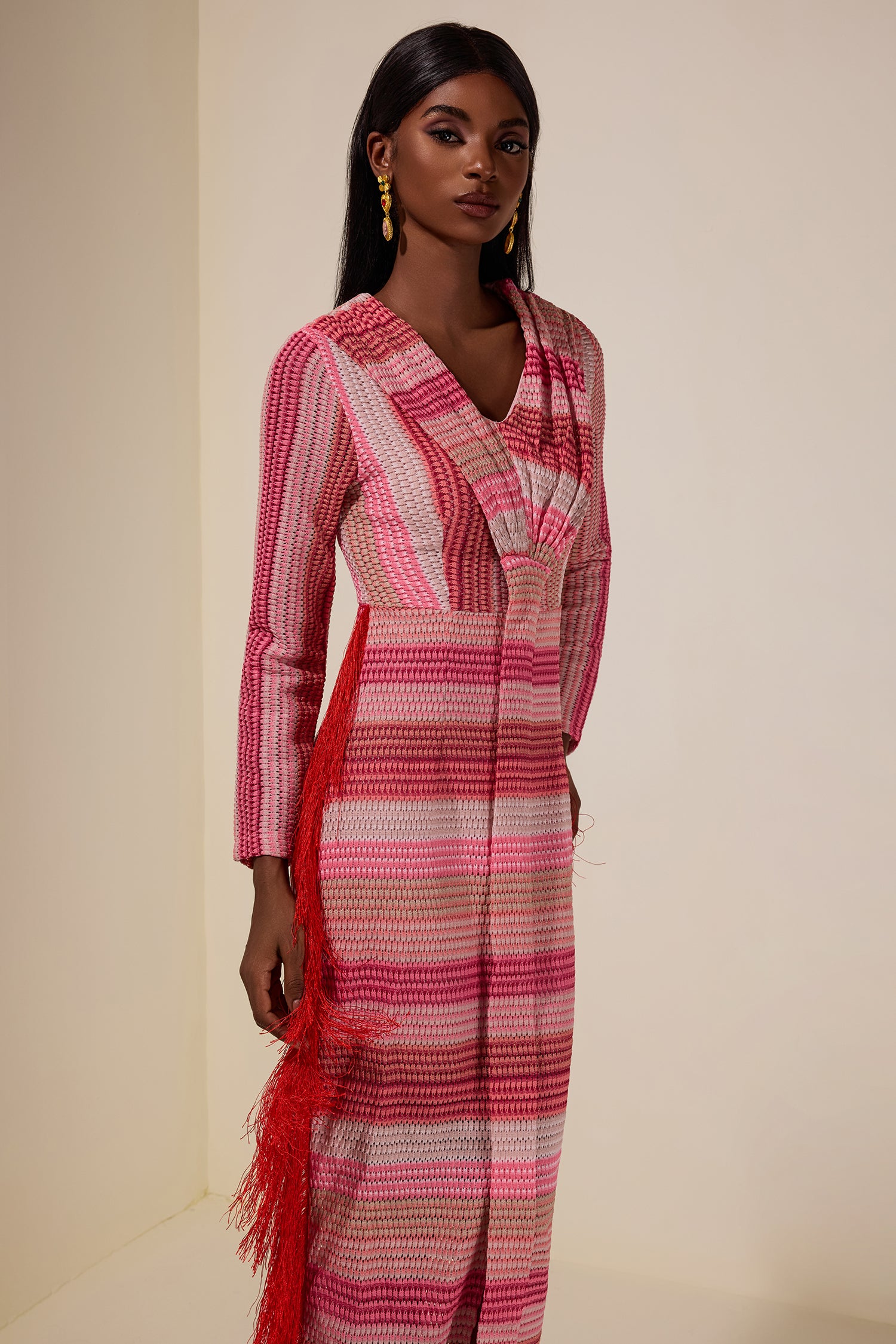 Crochet Gradient Color Tassel Midi Dress