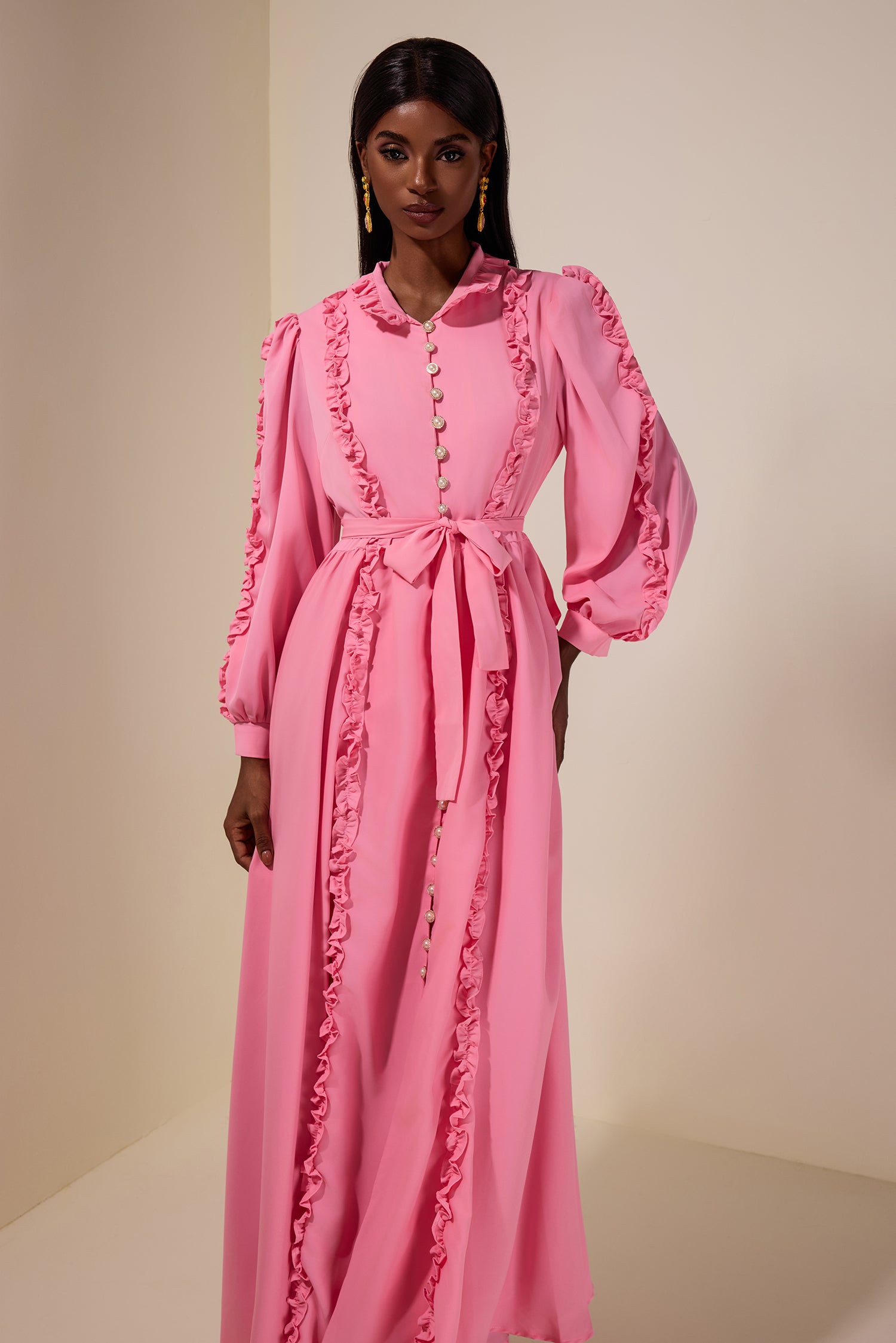 Frill Lantern Sleeve Midi Dress With Belt