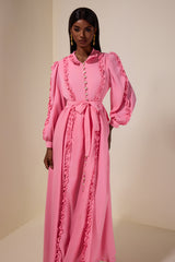 Frill Lantern Sleeve Midi Dress With Belt