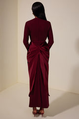 Satin Metal Decorations Long Sleeve Midi Dress