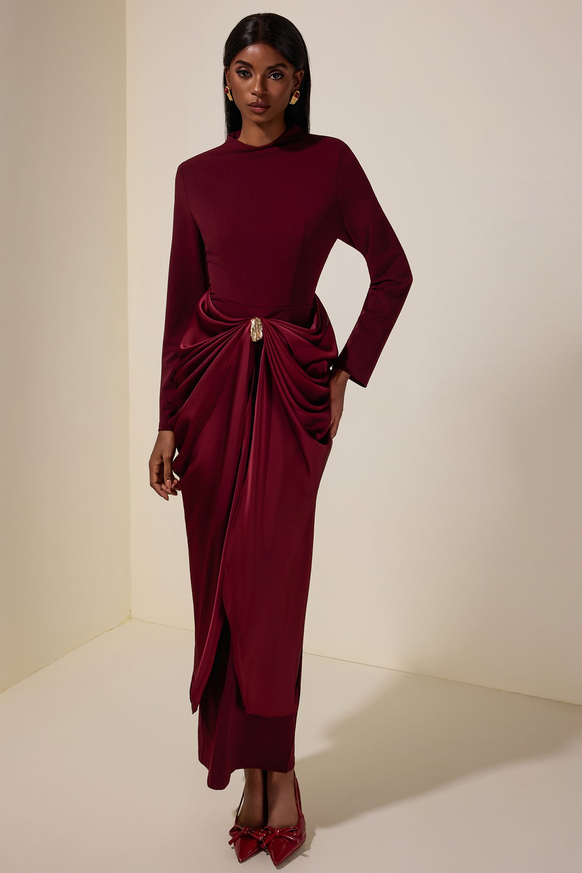 Satin Metal Decorations Long Sleeve Midi Dress