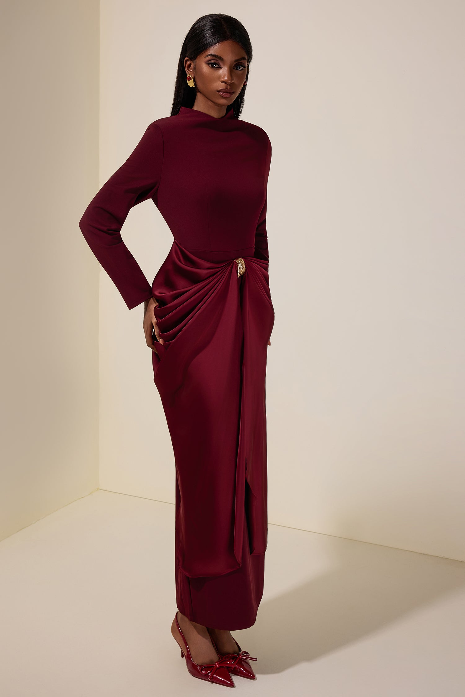 Satin Metal Decorations Long Sleeve Midi Dress