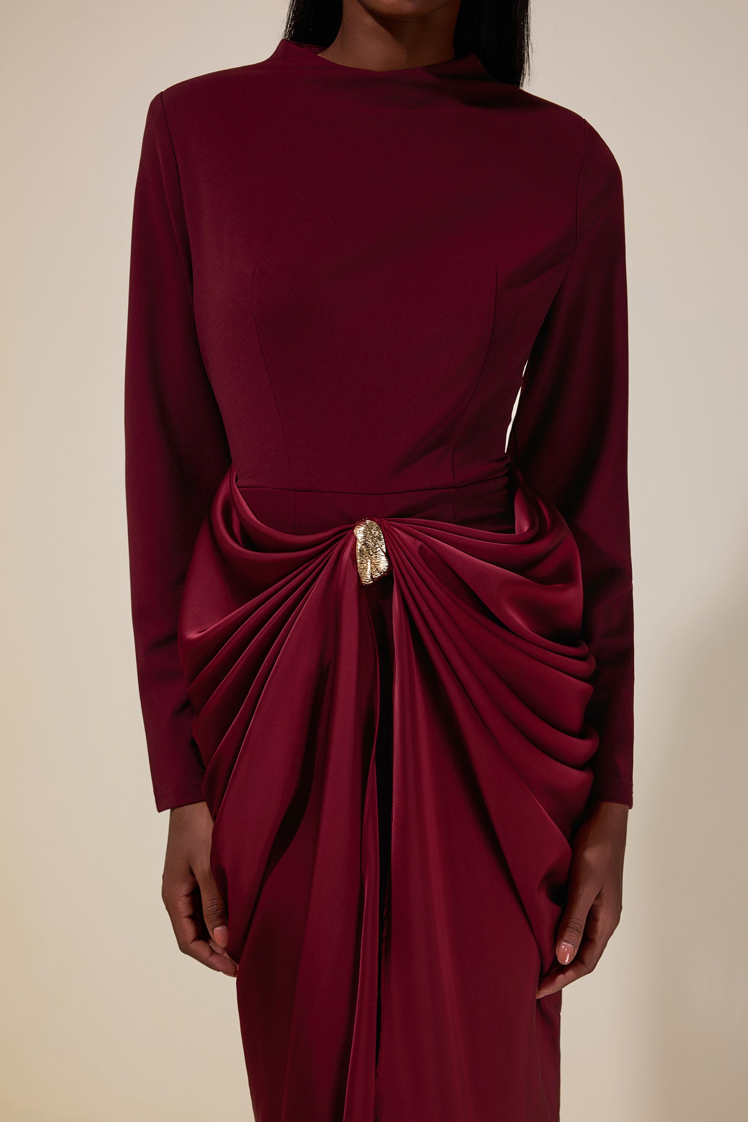 Satin Metal Decorations Long Sleeve Midi Dress