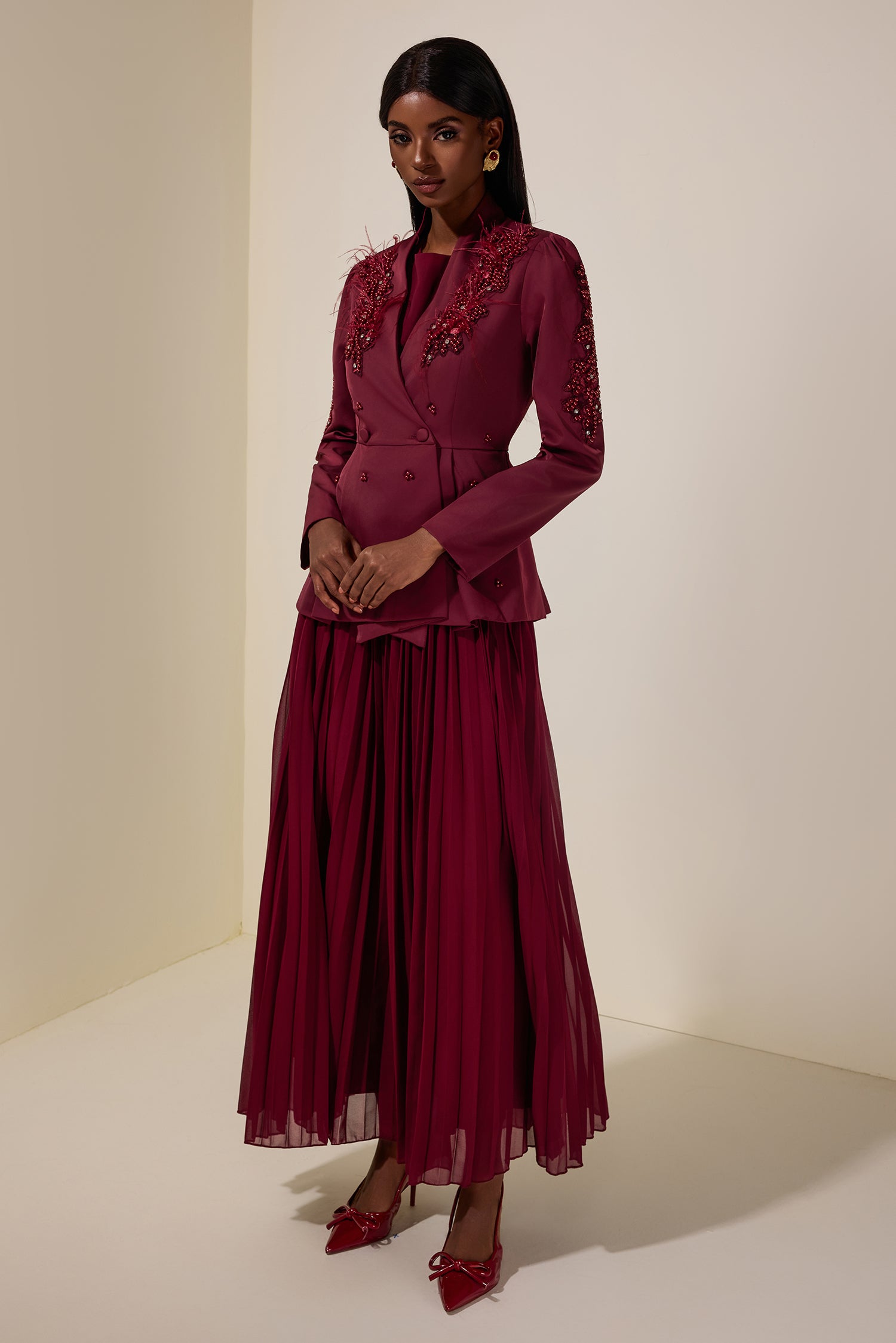 Chiffon Pleated Midi Dress With Nail Bead Embroidery Outerwear