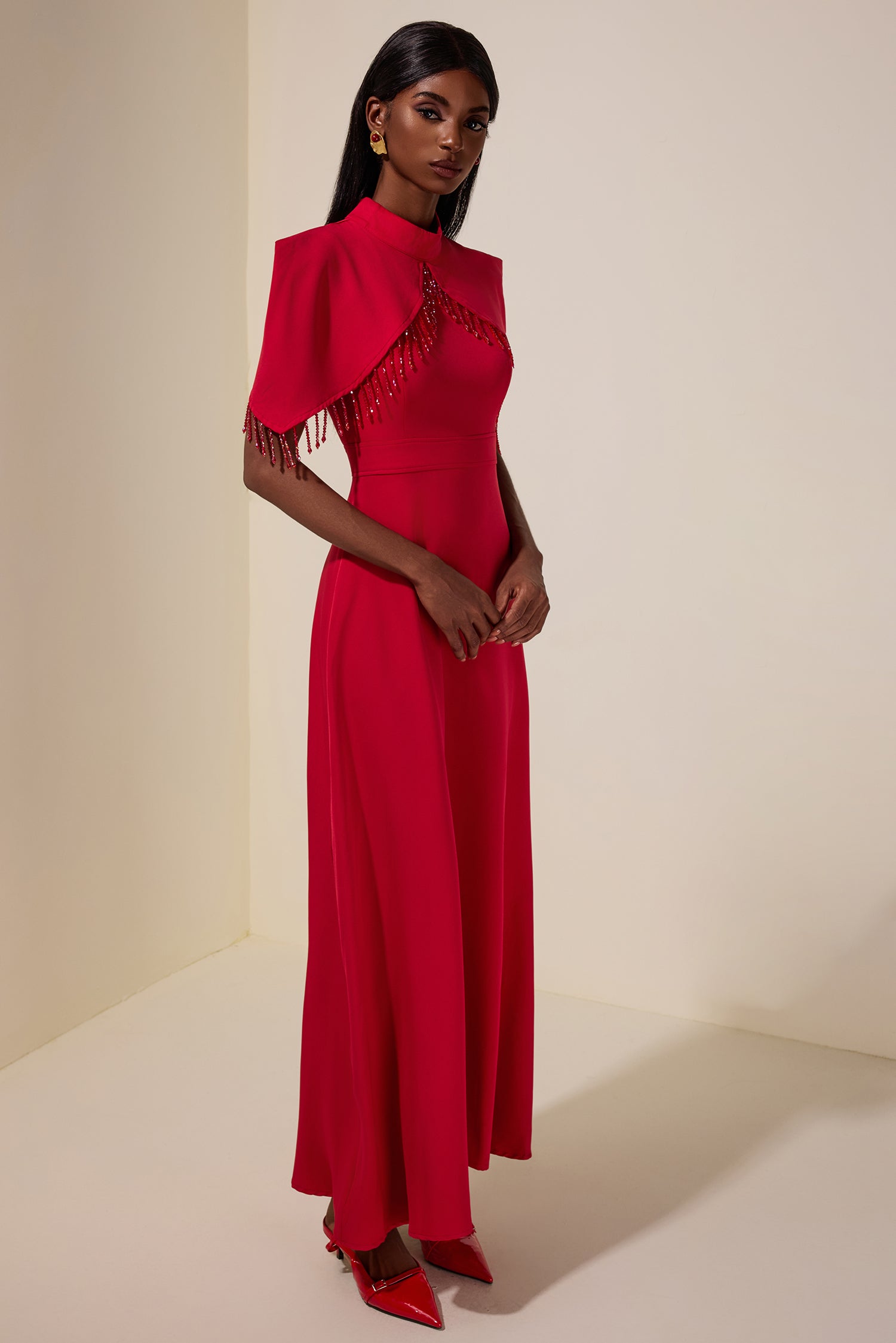 Solid Cape Sleeve Diamond Tassels Maxi Dress