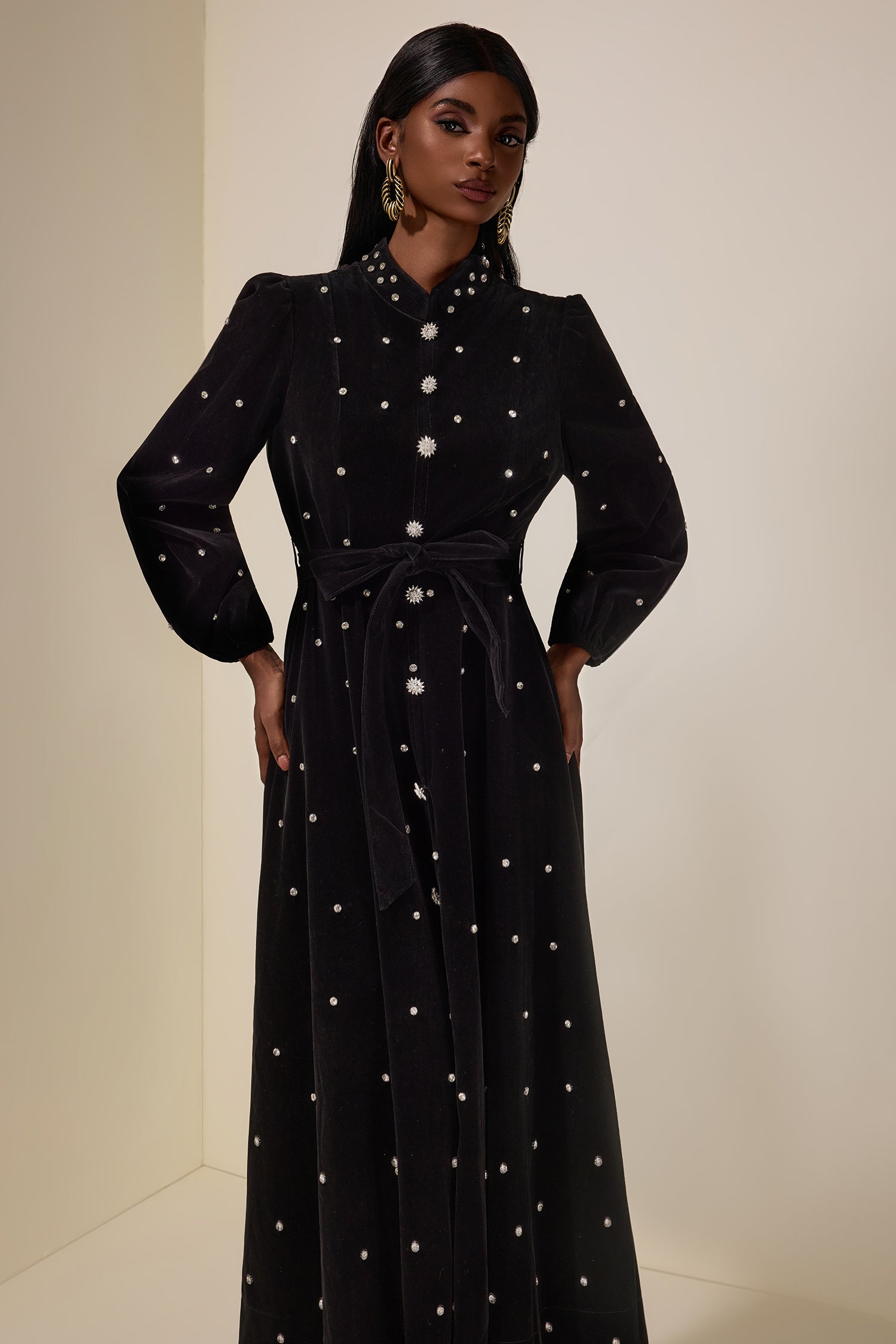 Velvet Rhinestone Midi Dress With Belt