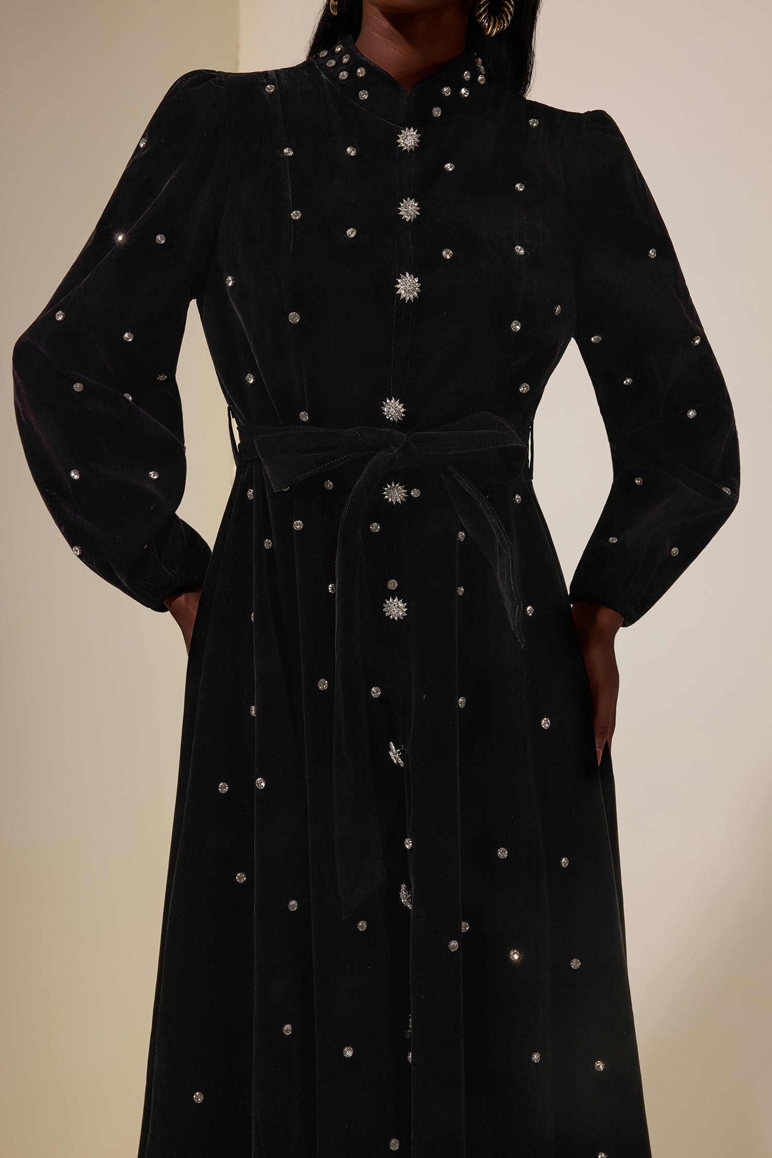 Velvet Rhinestone Midi Dress With Belt