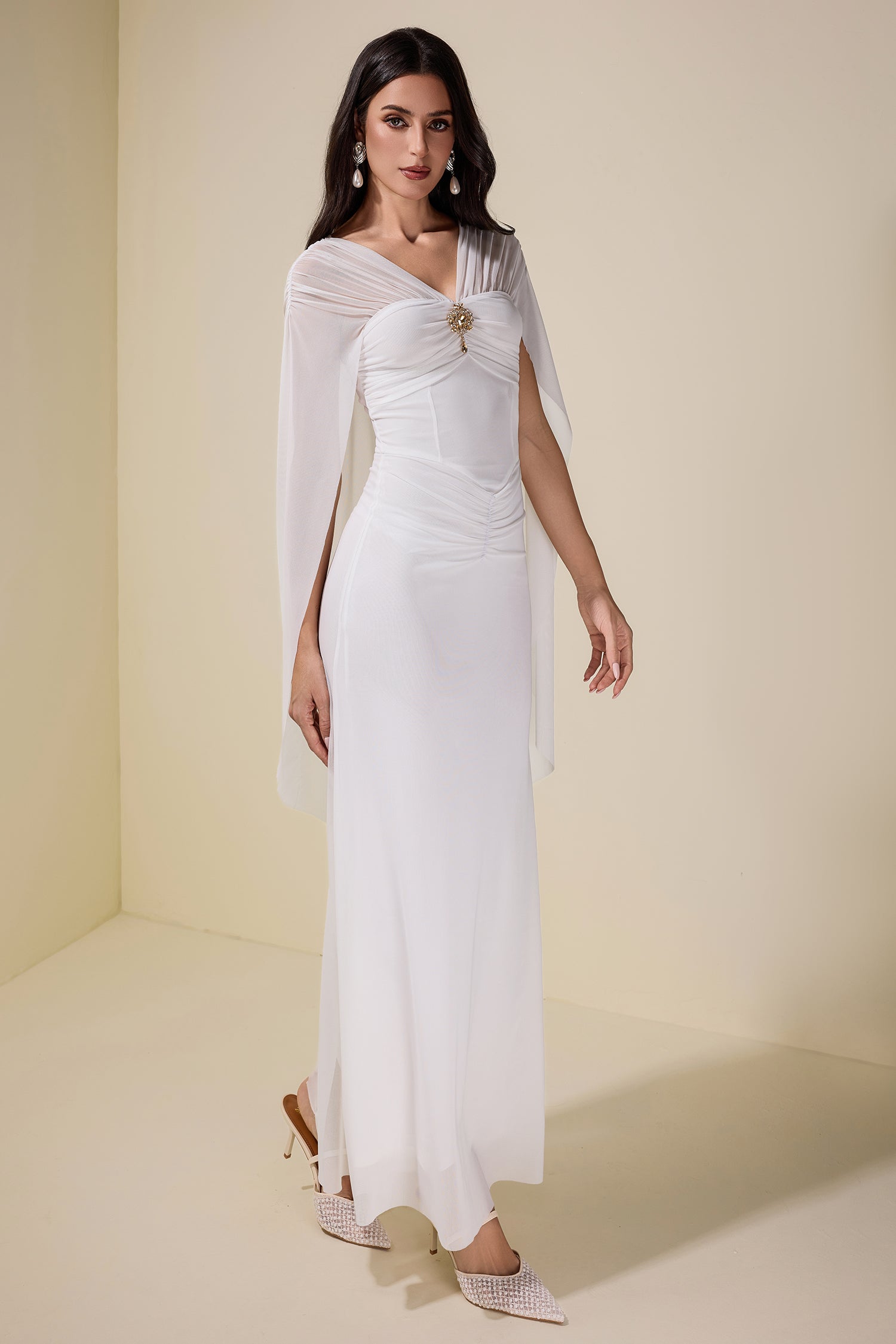 Mesh Cape Sleeve Metal Decorations Maxi Dress