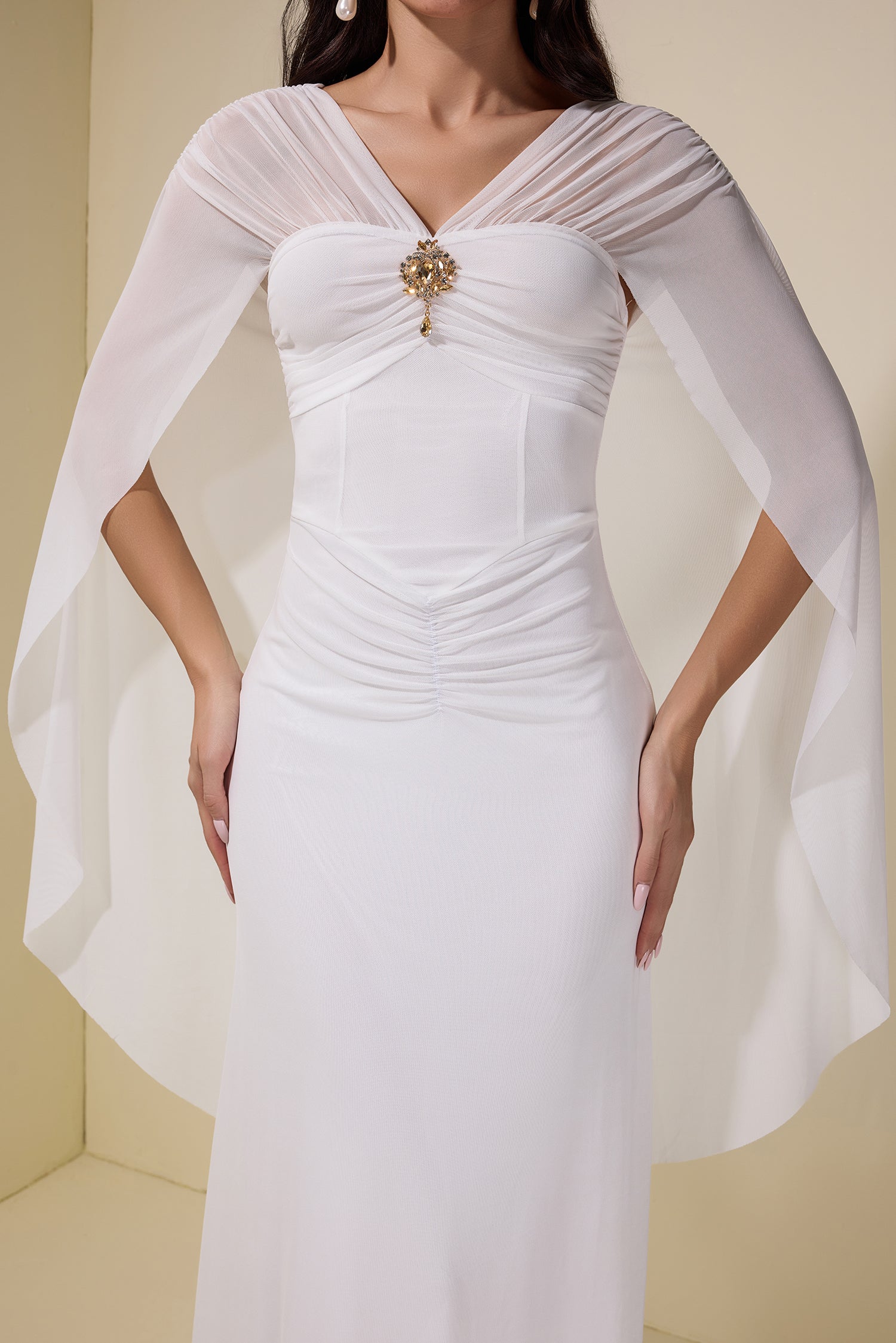 Mesh Cape Sleeve Metal Decorations Maxi Dress