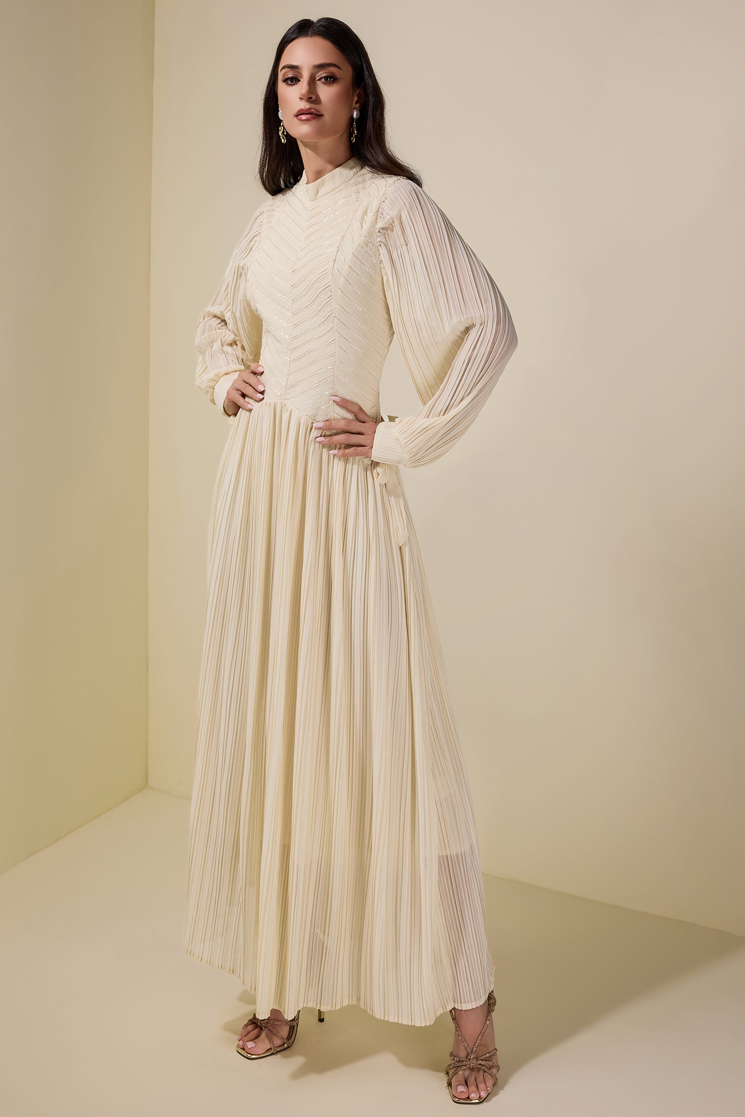 Chiffon Pleated Beaded Maxi Dress