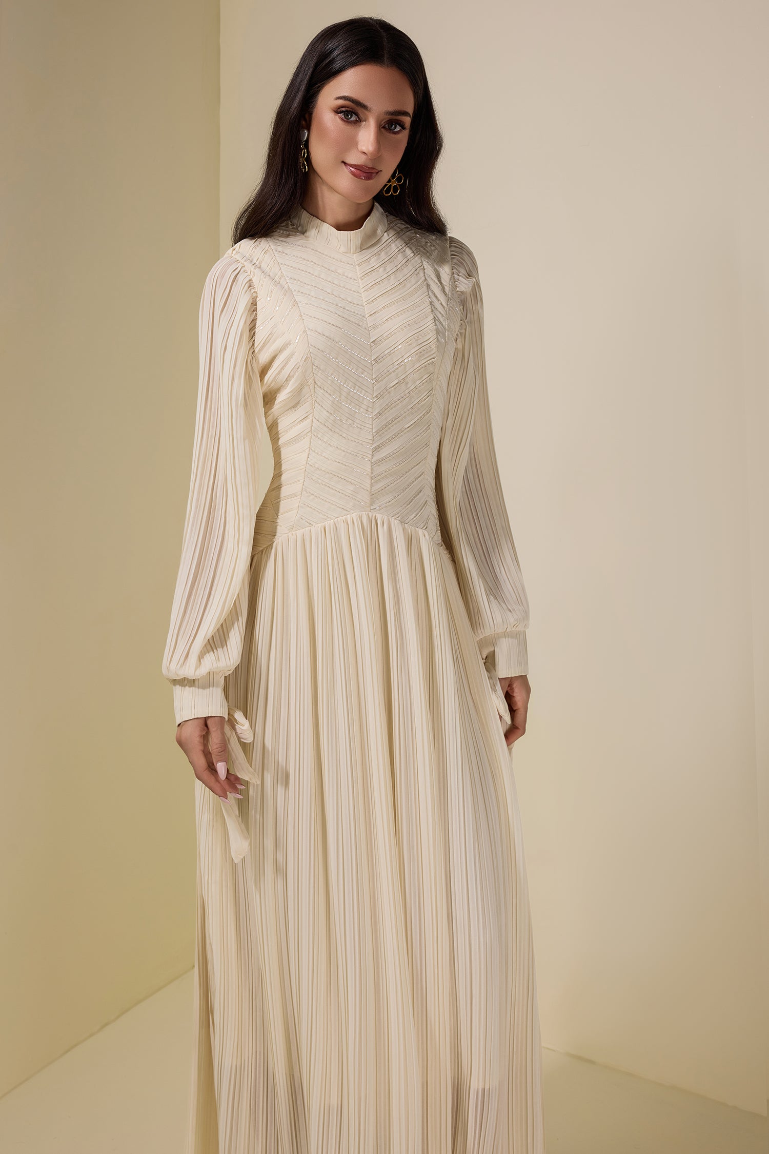 Chiffon Pleated Beaded Maxi Dress