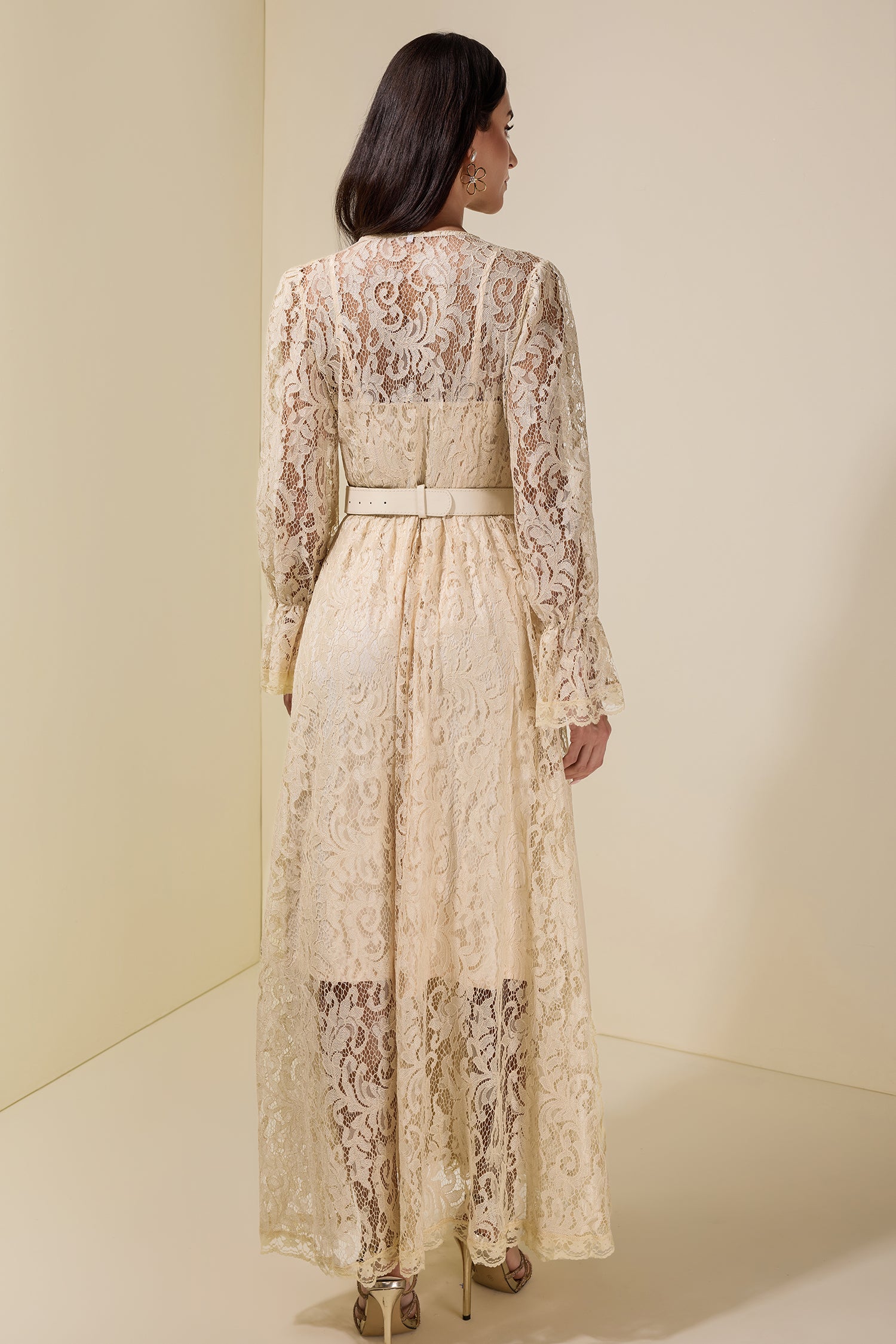 Lace Splicing Chiffon Midi Dress With Belt