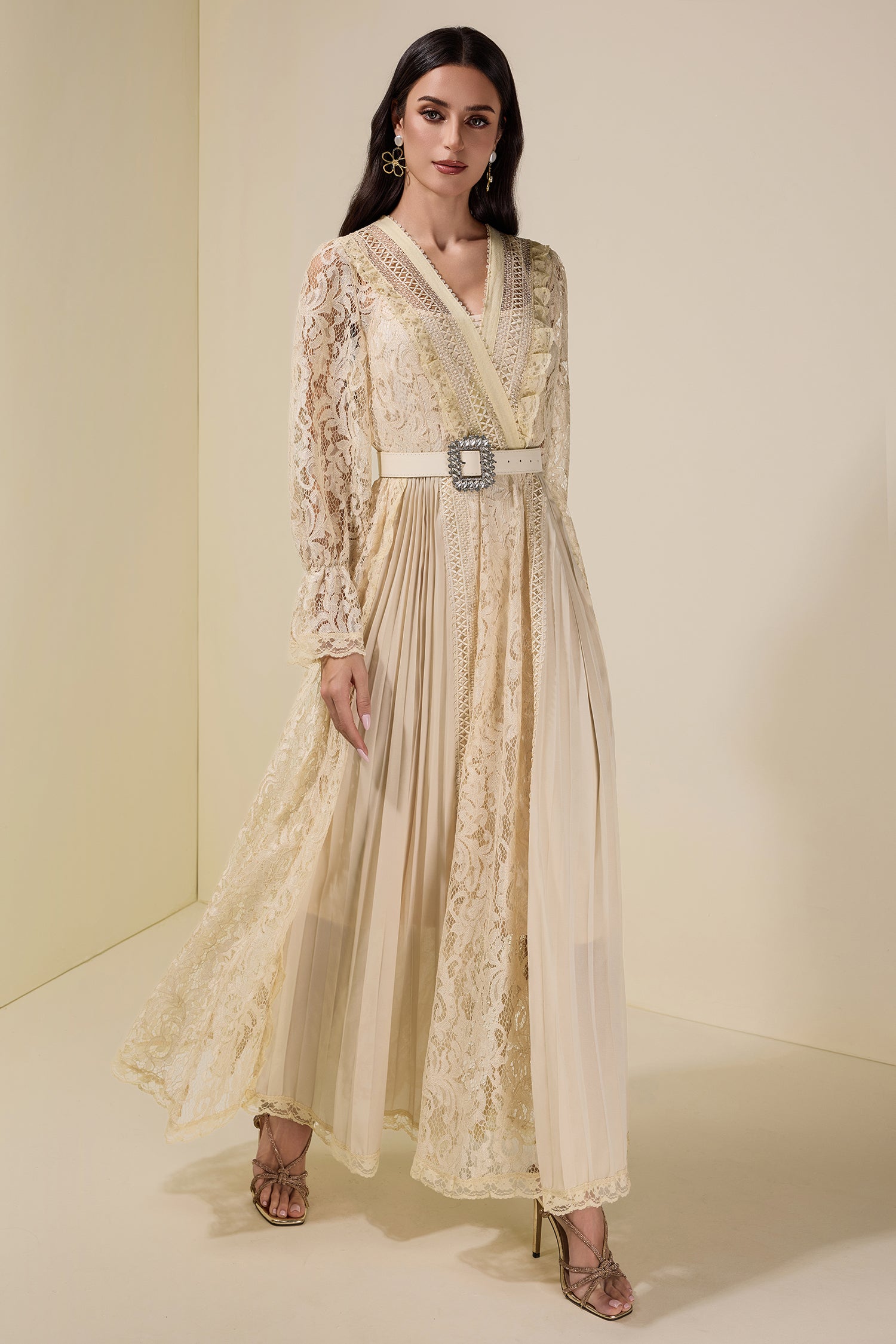 Lace Splicing Chiffon Midi Dress With Belt