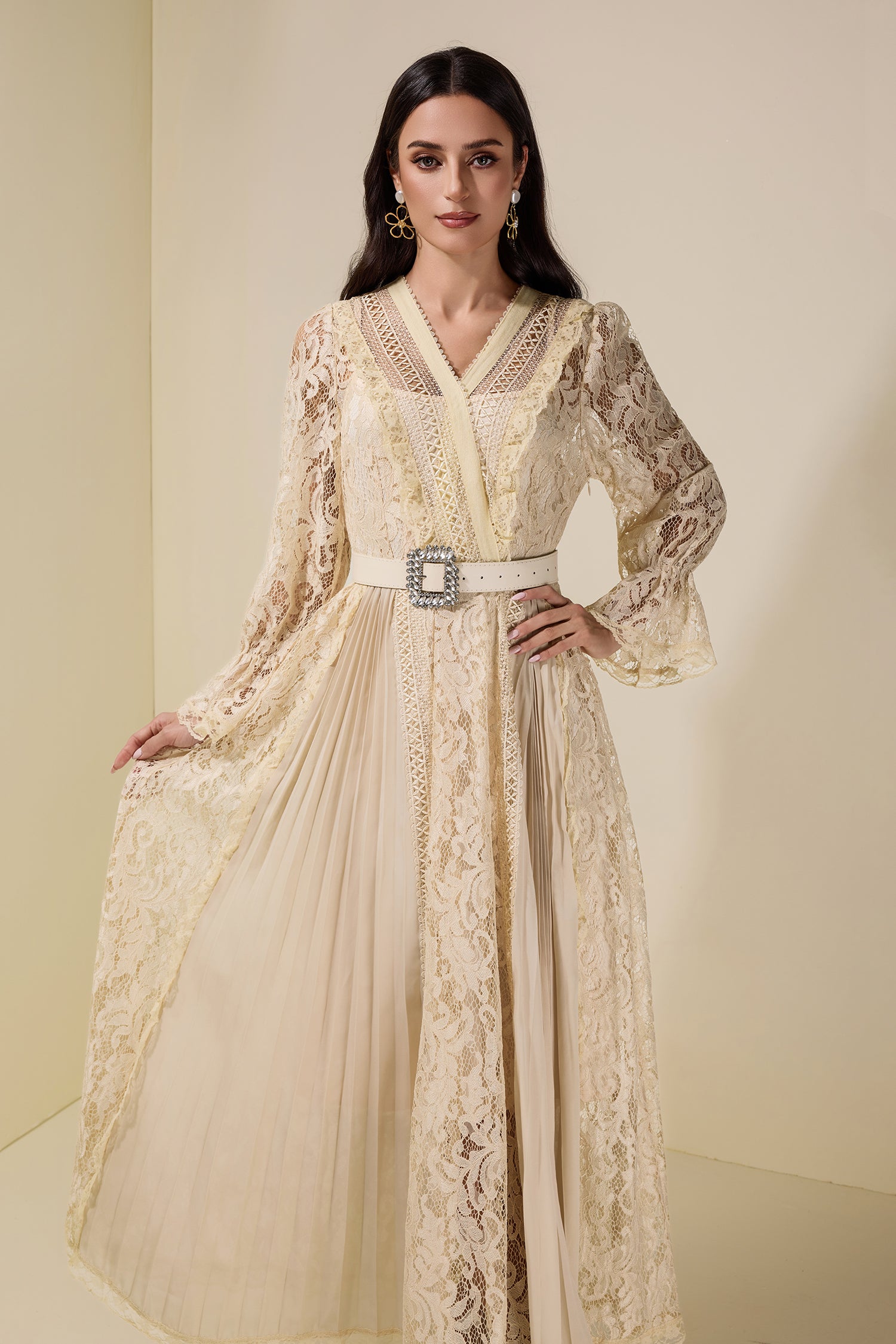 Lace Splicing Chiffon Midi Dress With Belt