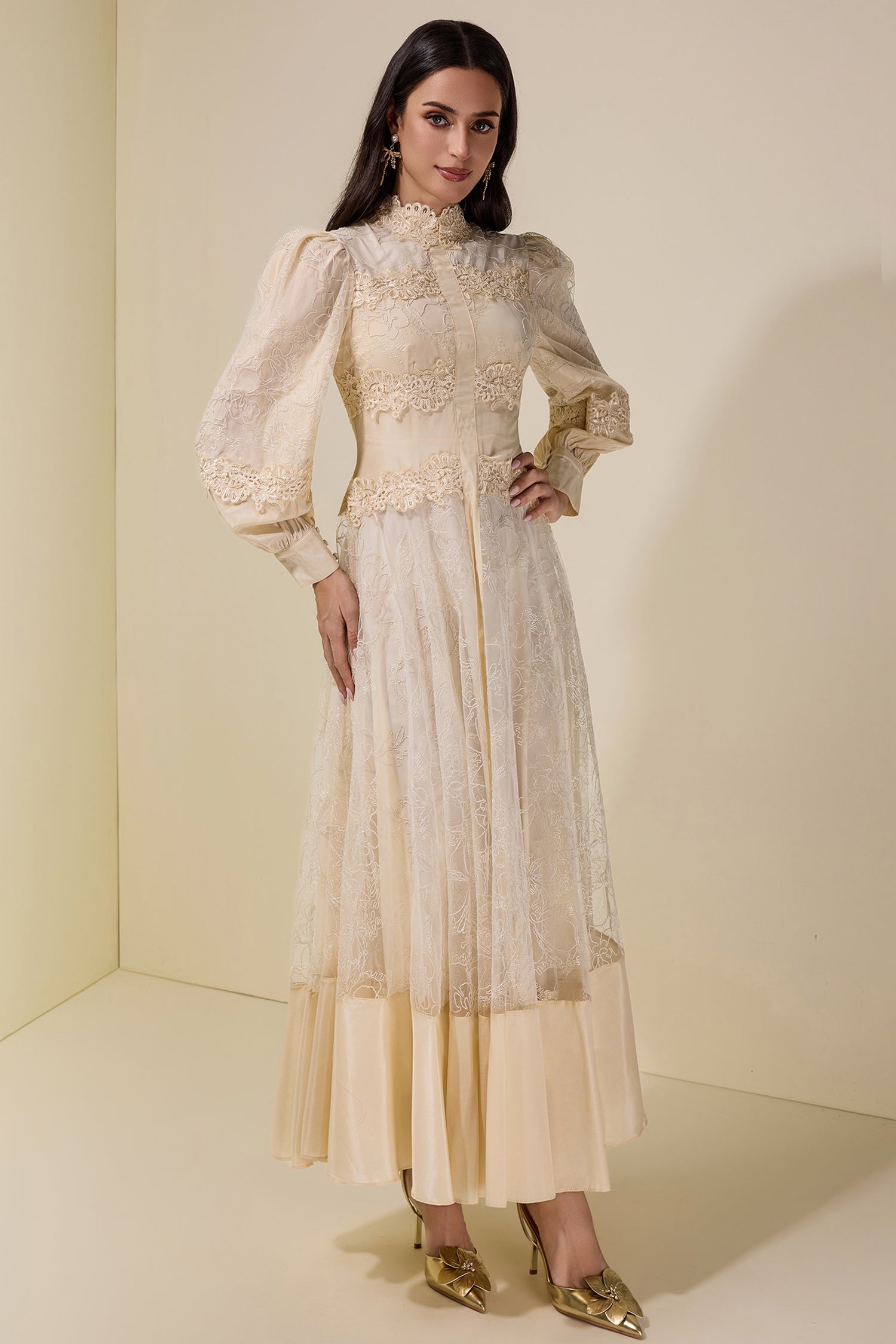 Embroidered Lace Long Sleeve Midi Dress