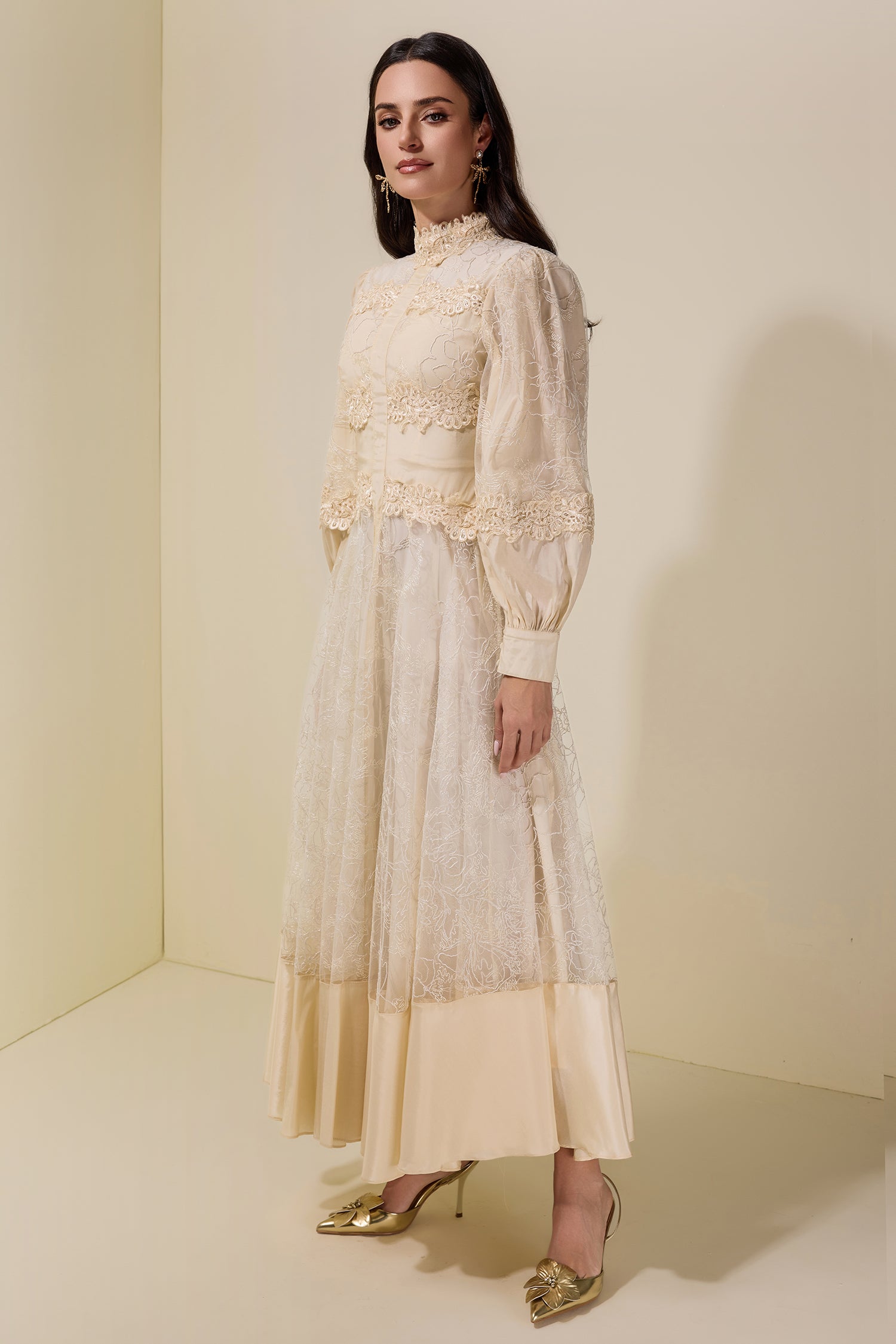 Embroidered Lace Long Sleeve Midi Dress