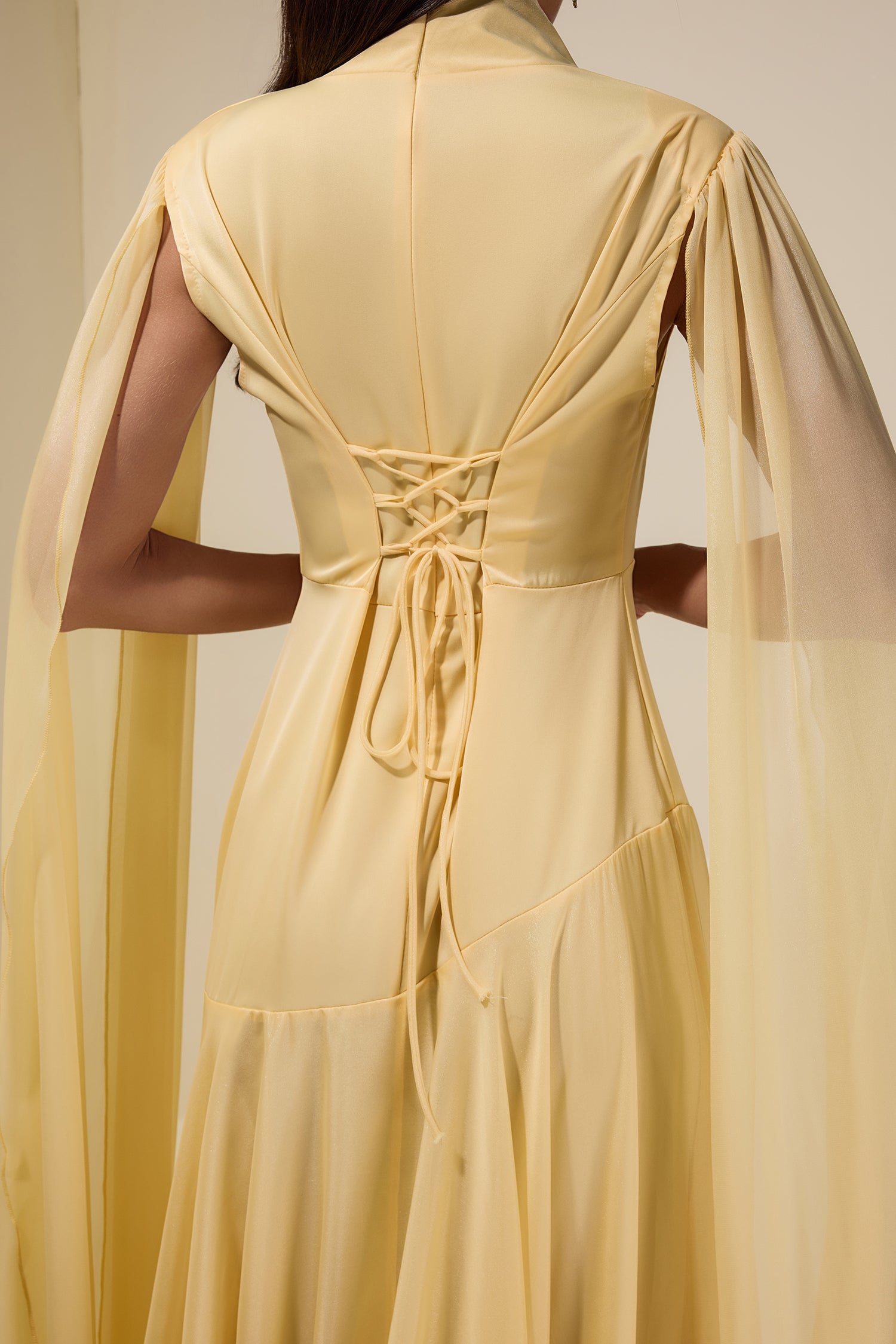 Chiffon Cape Sleeve Stand Collar Maxi Dress