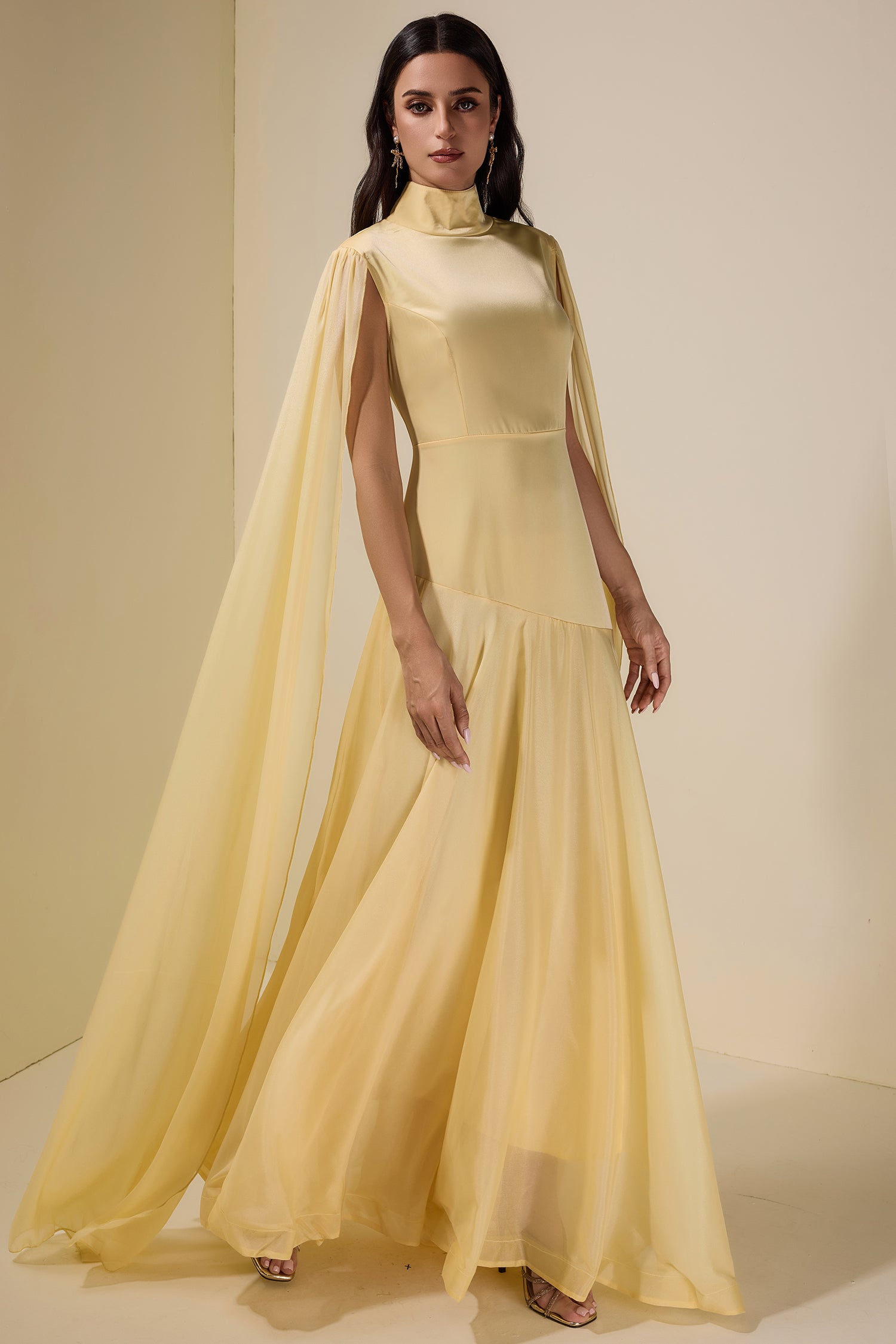 Chiffon Cape Sleeve Stand Collar Maxi Dress