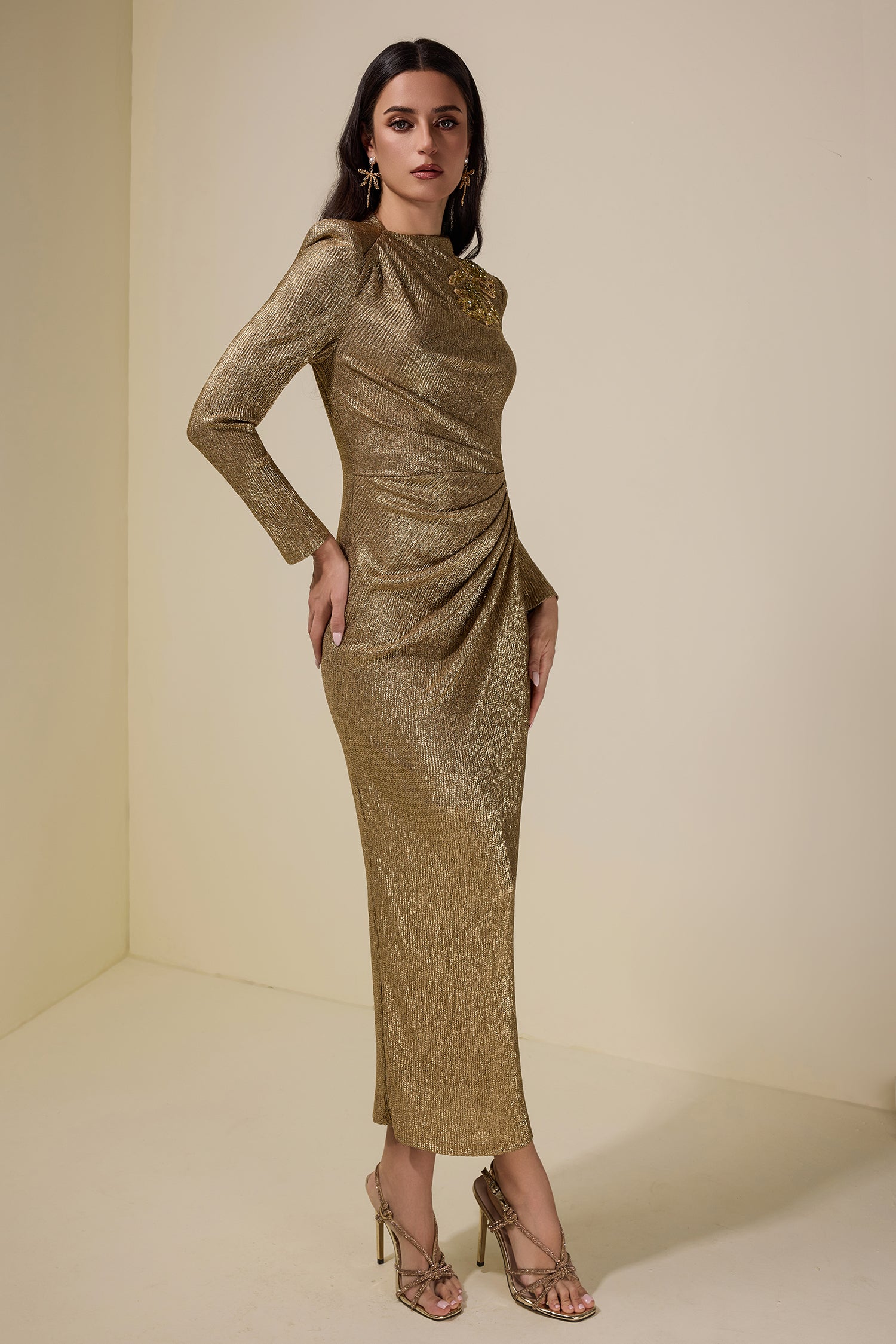Luxury Rhinestone Long Sleeve Midi Dress