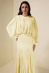Gathering Round Neck Lantern Sleeve Maxi Dress