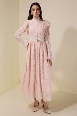 Chiffon Embroidered Single Breasted Midi Dress With Belt