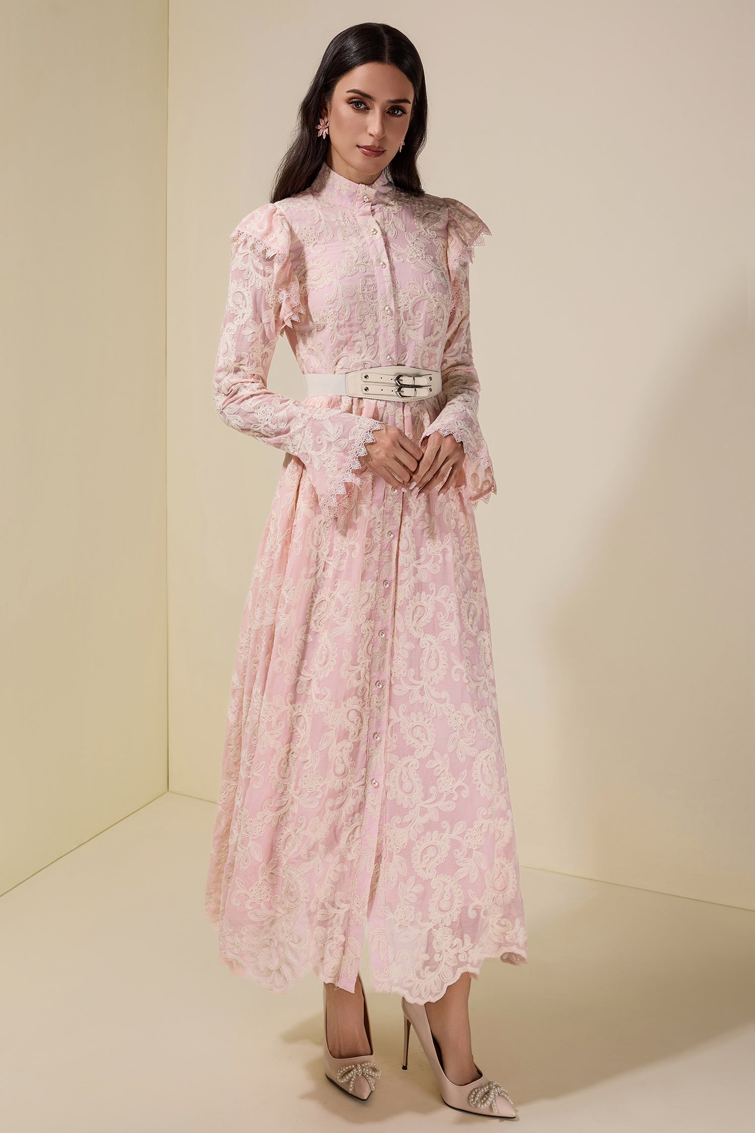 Chiffon Embroidered Single Breasted Midi Dress With Belt