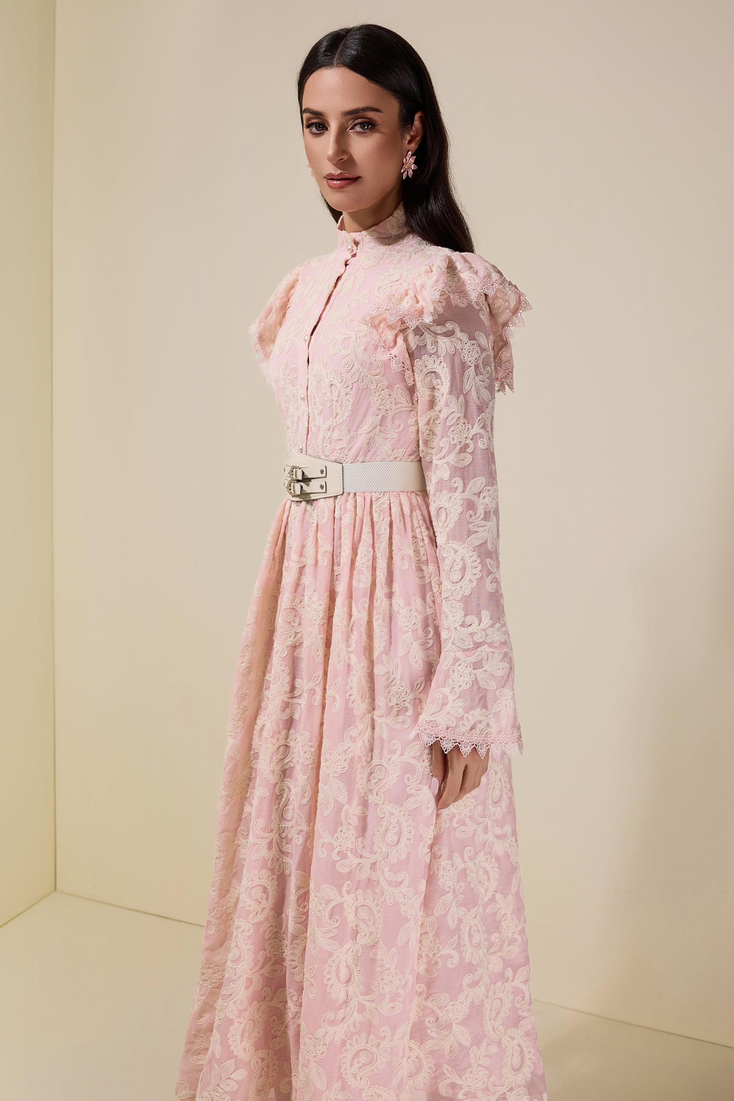 Chiffon Embroidered Single Breasted Midi Dress With Belt