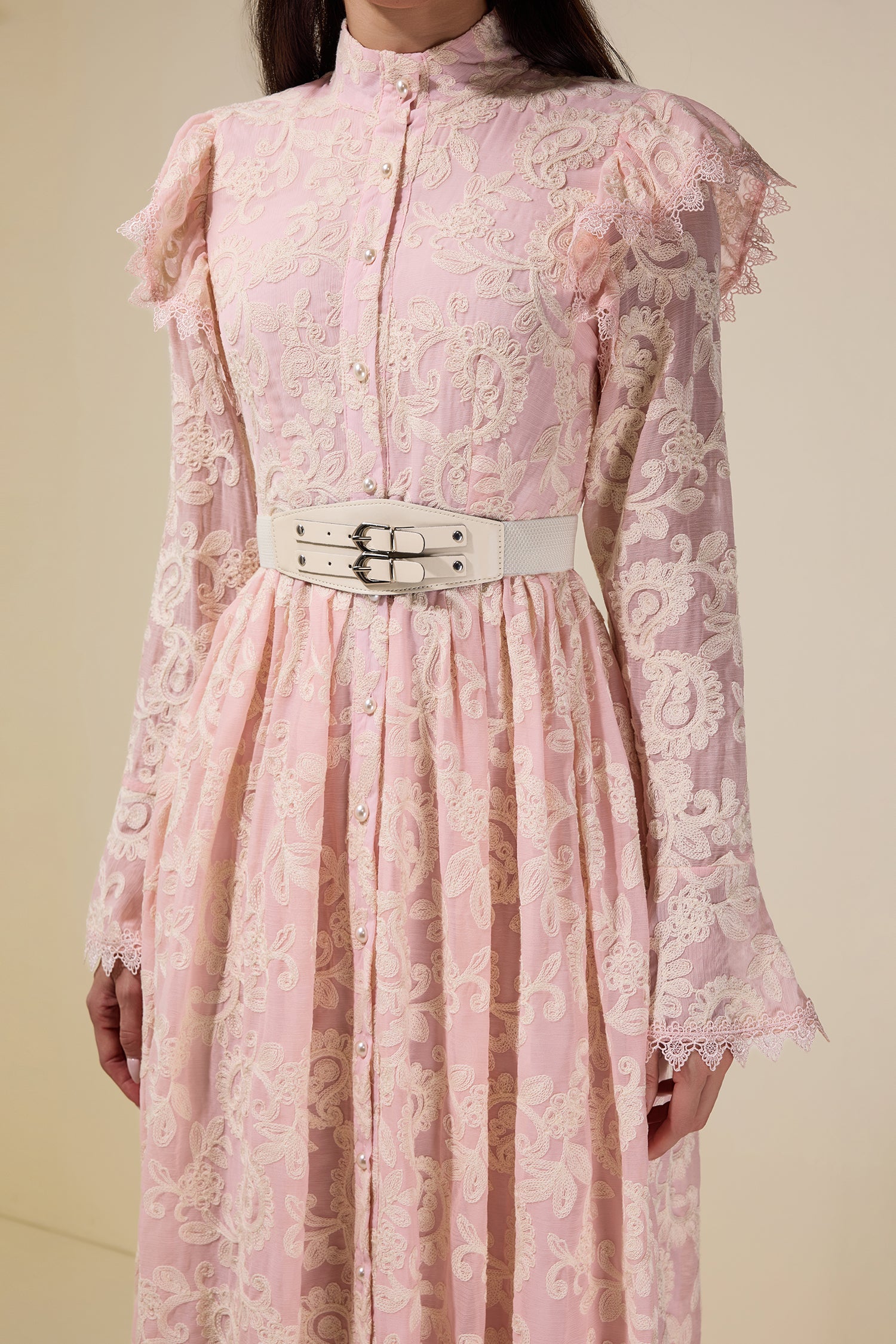 Chiffon Embroidered Single Breasted Midi Dress With Belt