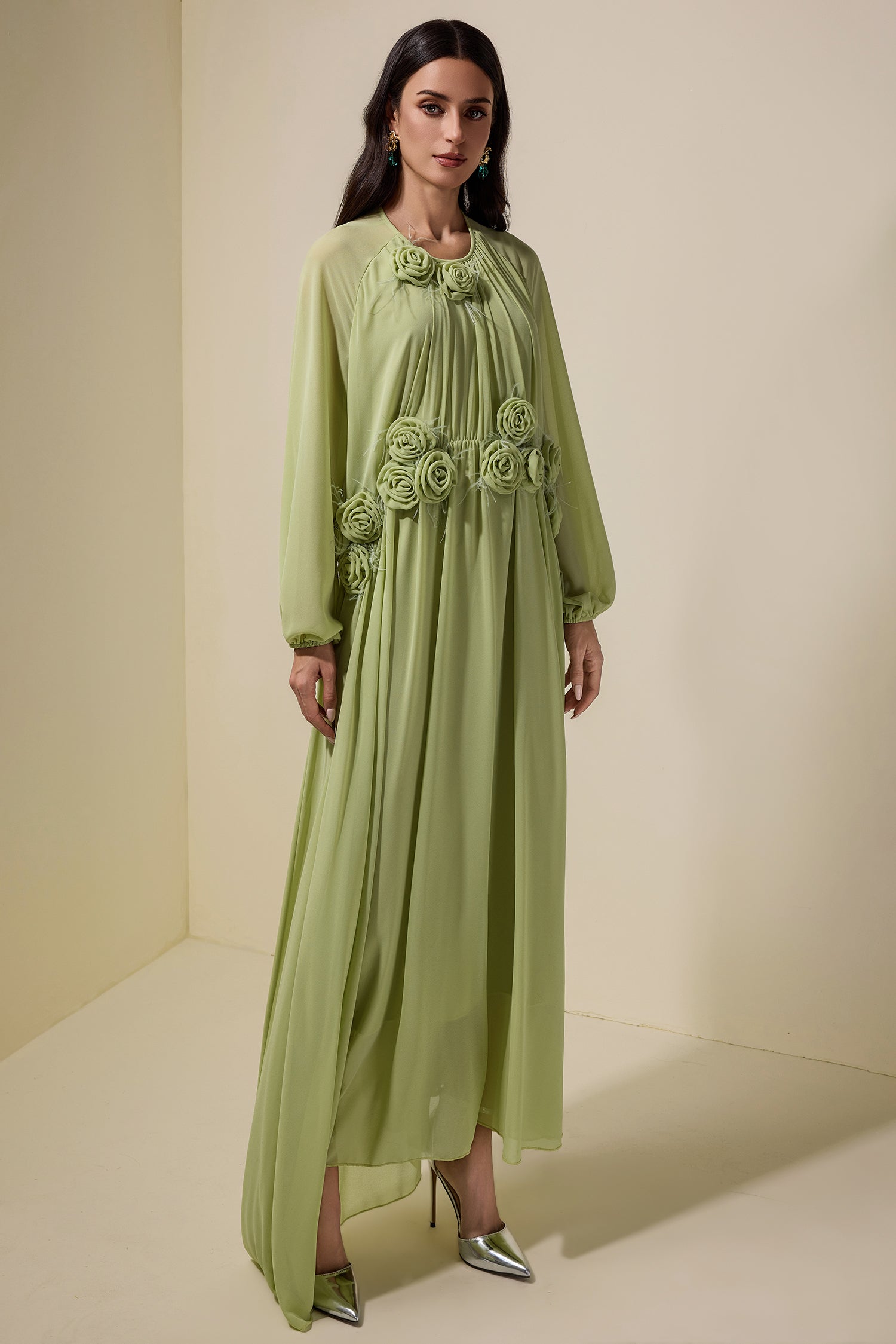 3D Flower Chiffon Raglan Sleeve Maxi Dress