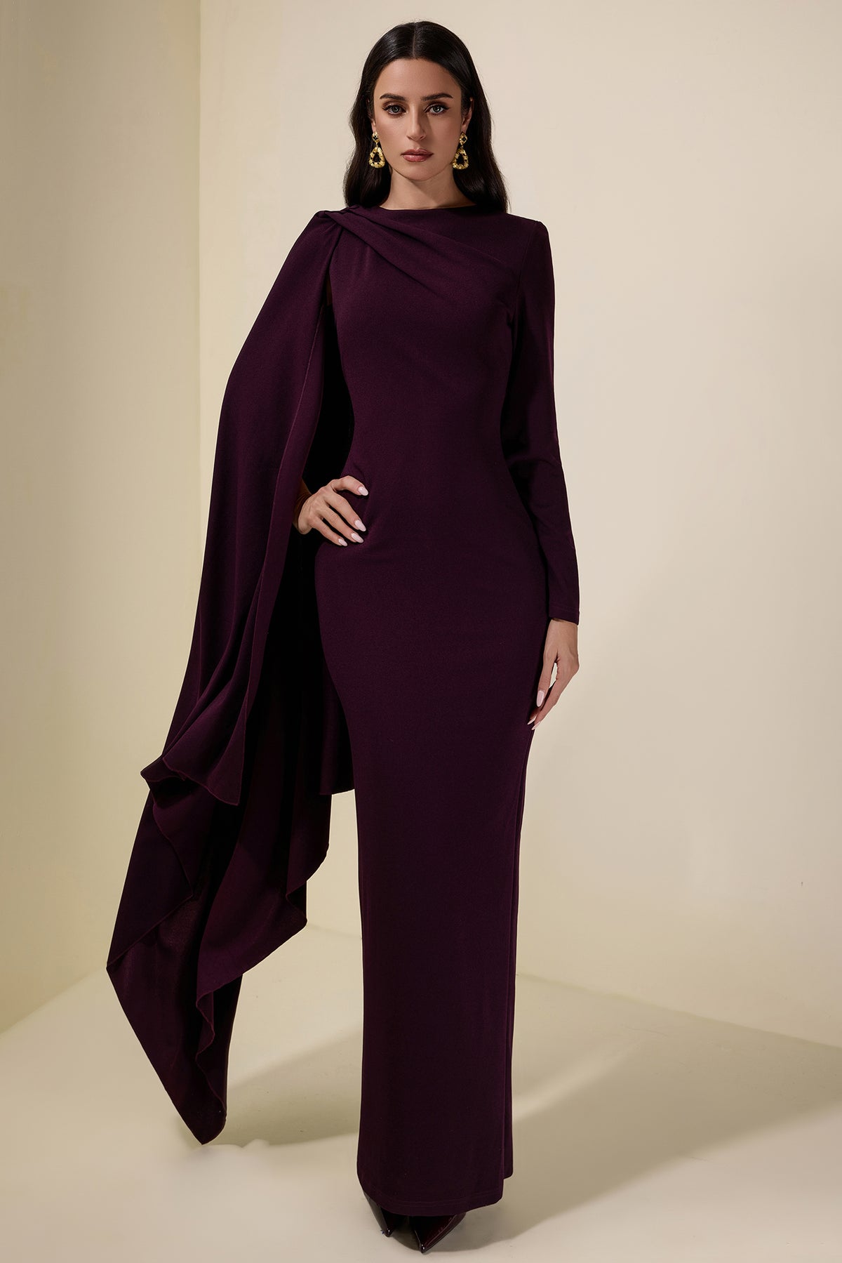 Solid One Sleeve Cape Sleeve Maxi Dress