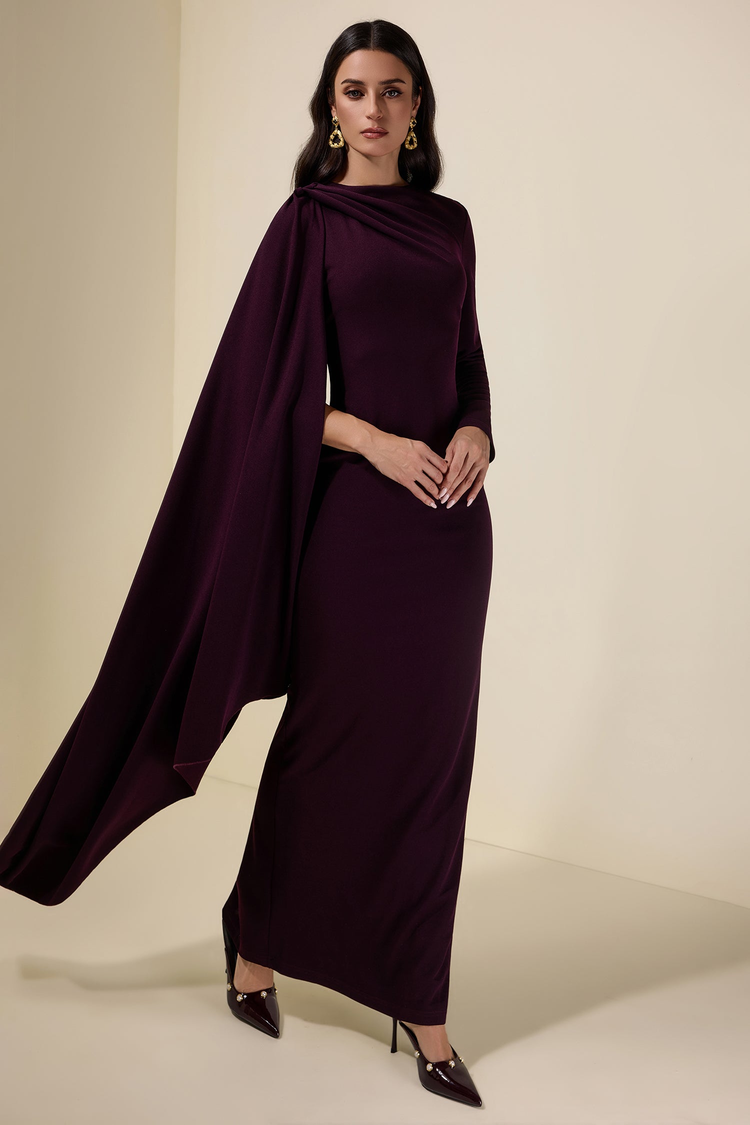 Solid One Sleeve Cape Sleeve Maxi Dress