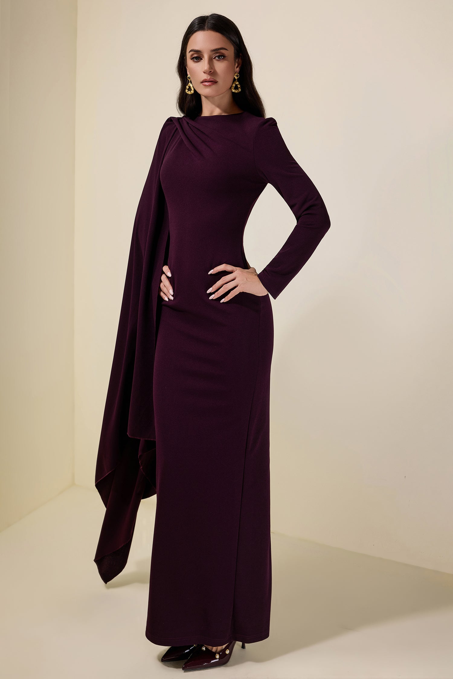 Solid One Sleeve Cape Sleeve Maxi Dress
