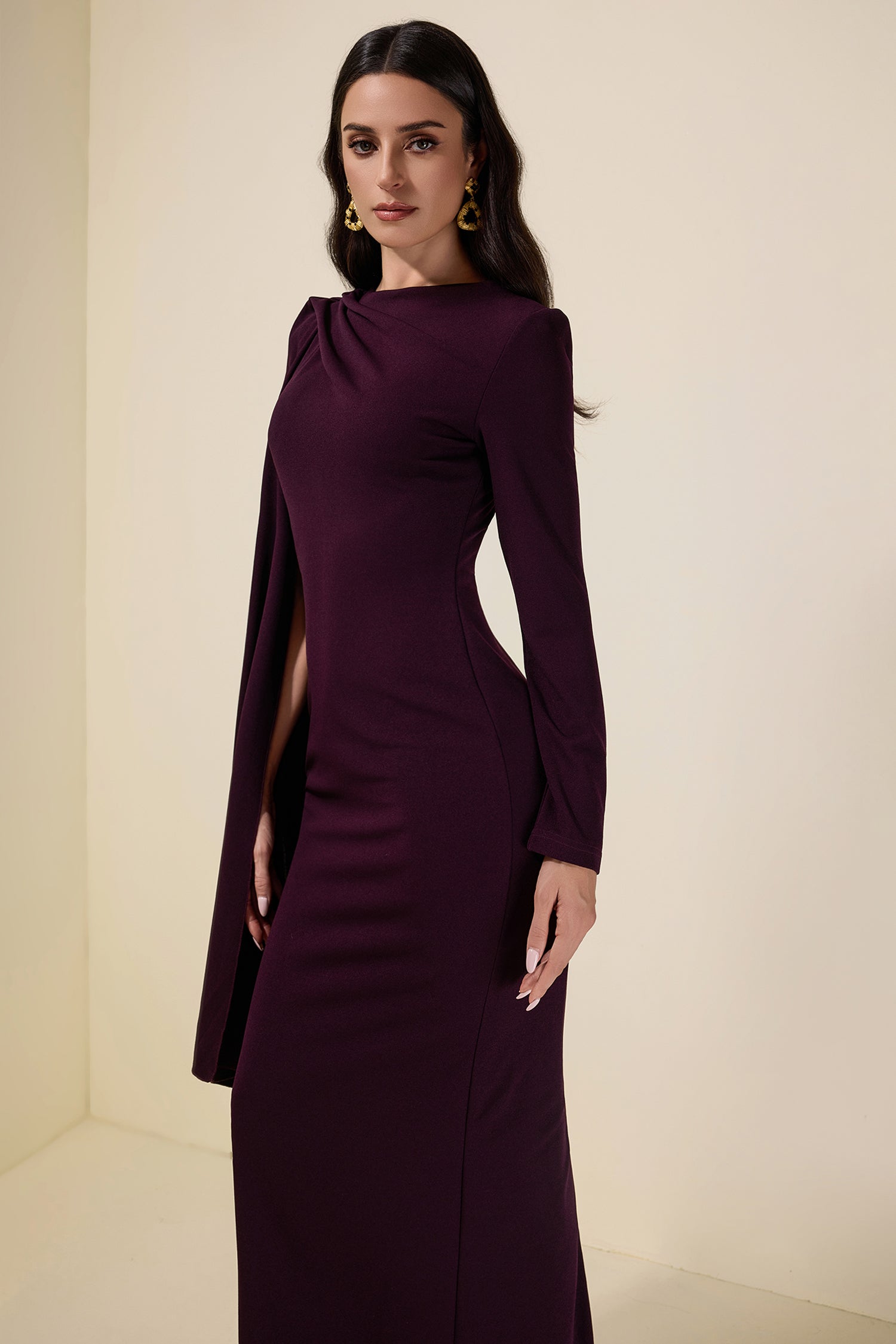 Solid One Sleeve Cape Sleeve Maxi Dress