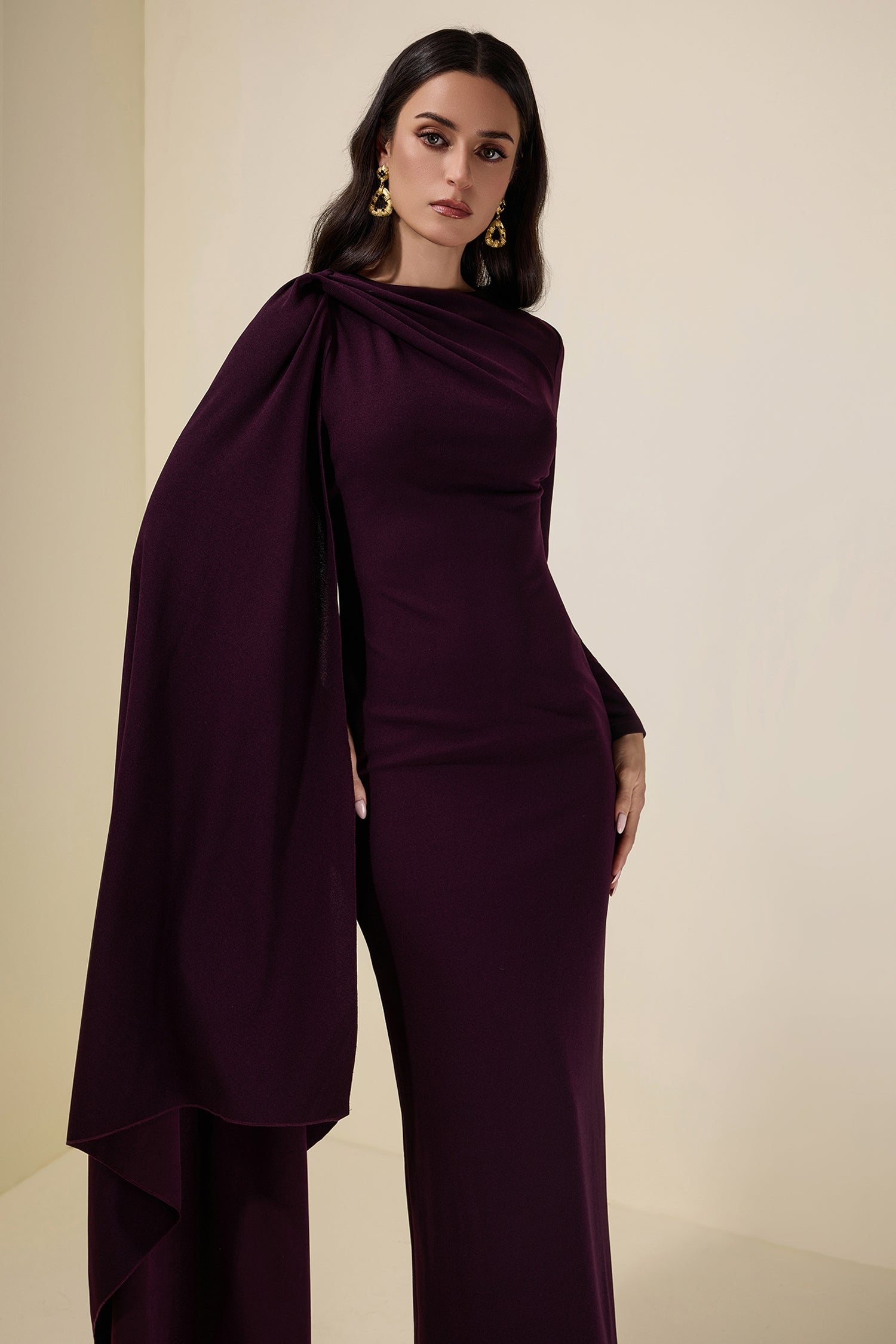 Solid One Sleeve Cape Sleeve Maxi Dress