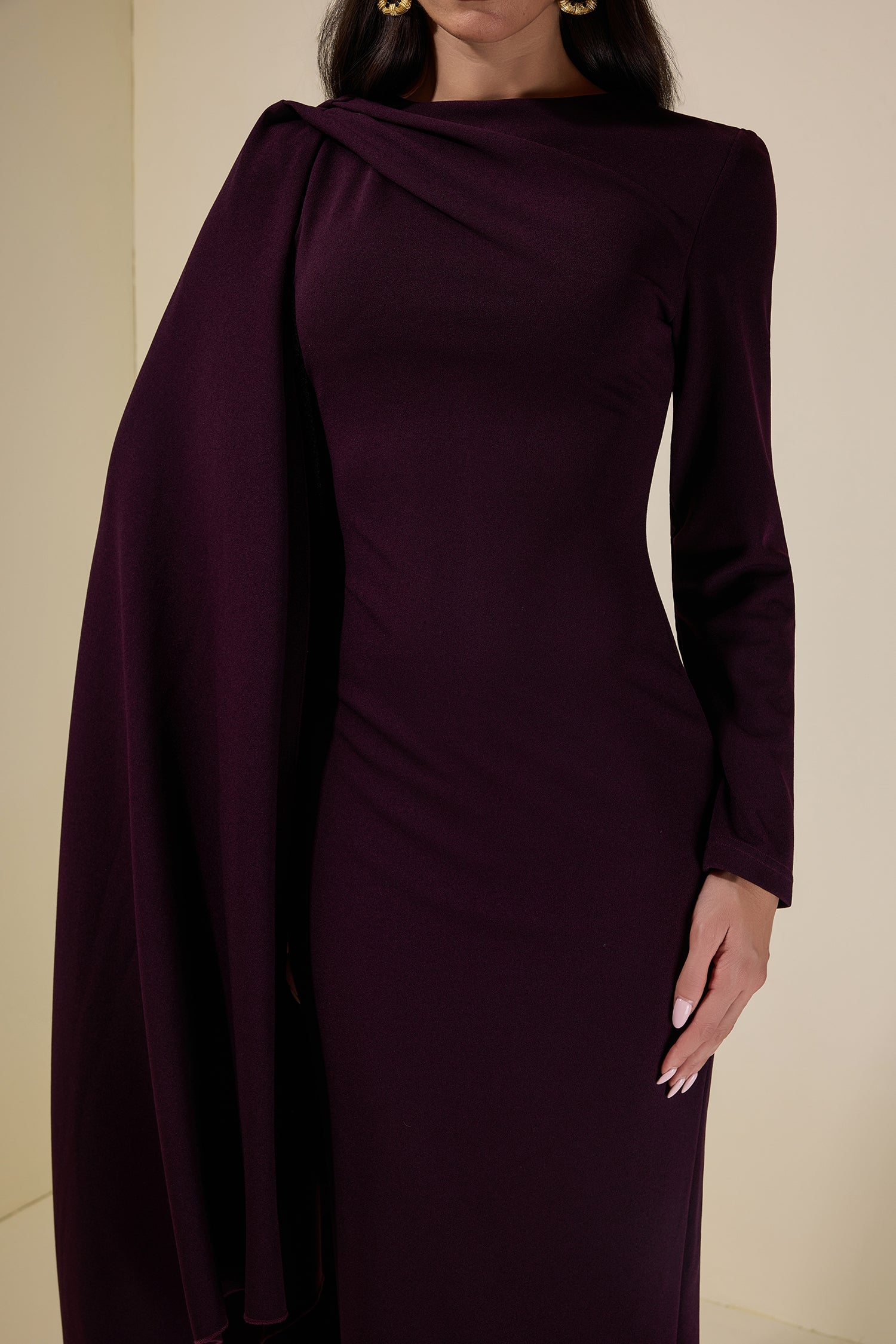 Solid One Sleeve Cape Sleeve Maxi Dress