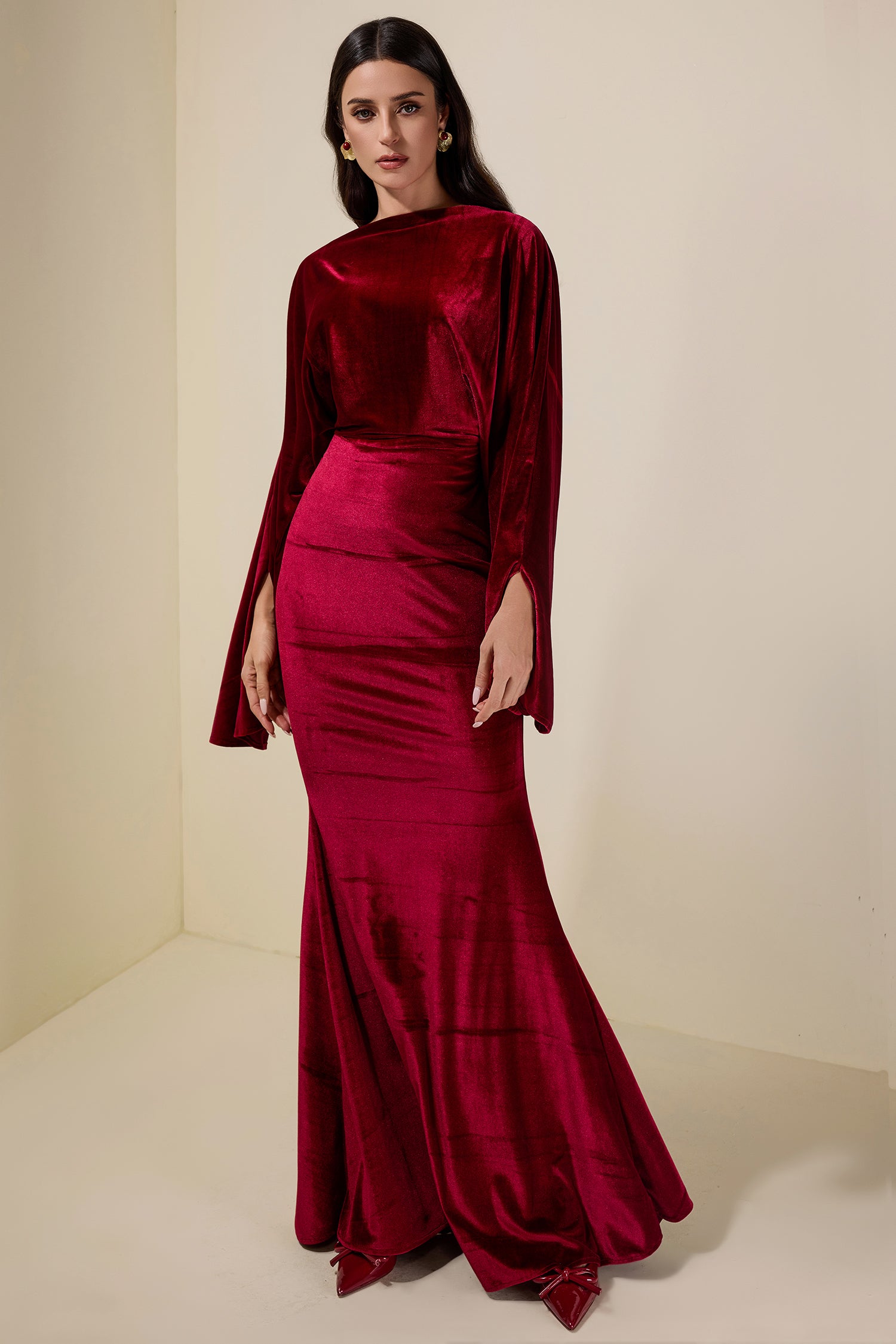Velvet Cape Sleeve Top & Maxi Skirt Set