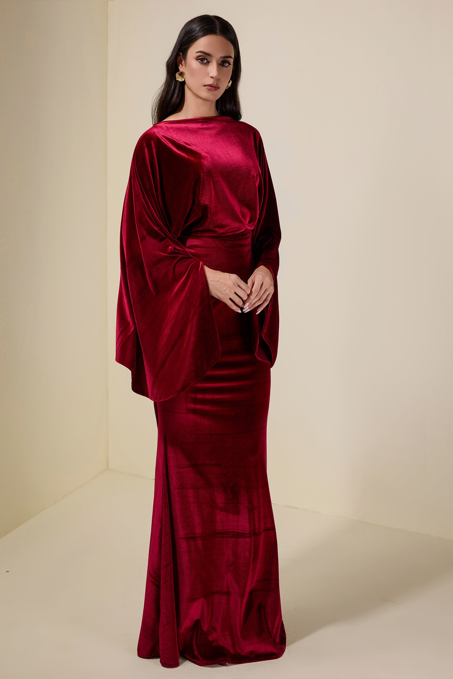 Velvet Cape Sleeve Top & Maxi Skirt Set