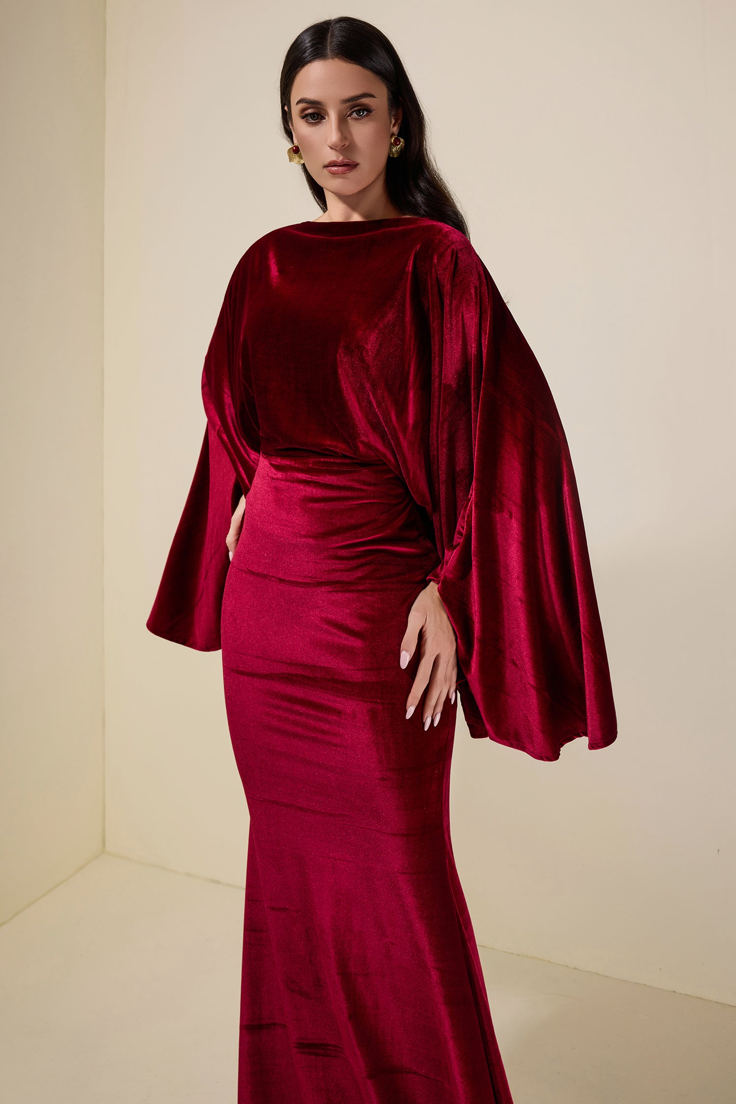 Velvet Cape Sleeve Top & Maxi Skirt Set
